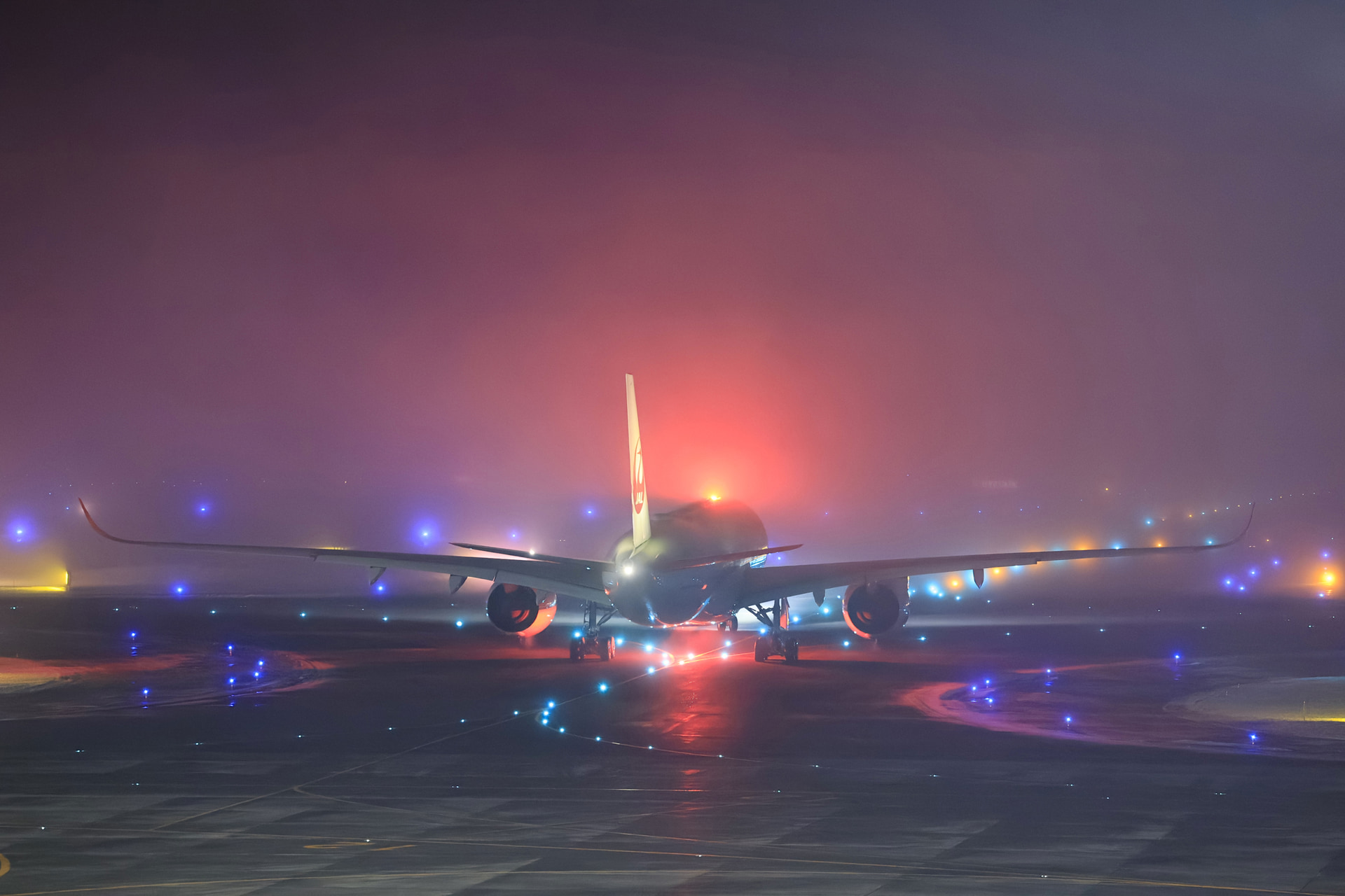 霧の中を滑走路に向けタキシングして去って行く後ろ姿も、クロスAFの恩恵なのか迷うことなく捉えてくれた。カメラ内手ブレ補正もよく効き、手持ちで撮影できた<br><span class="fnt-85">キヤノン EOS R1／RF70-200mm F2.8 L IS USM／182mm／絞り優先AE（F4、1/50秒、±0EV）／ISO 32000／WB：オート</span>