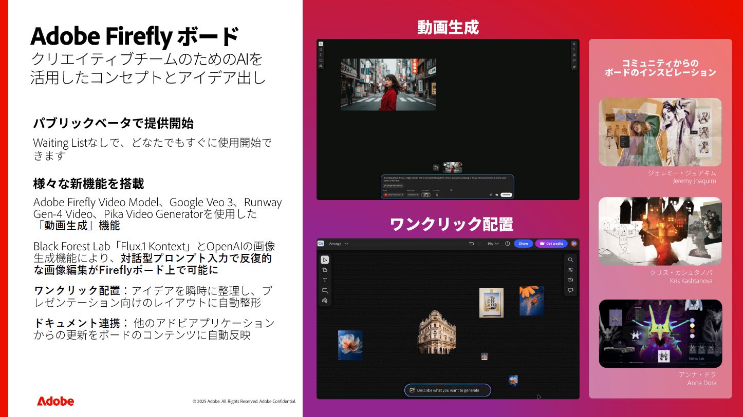 キャンバスにコンテンツを並べ、組み合わせて生成するなどしてアイデアを拡張していくFireflyボードが誰でも利用可能に