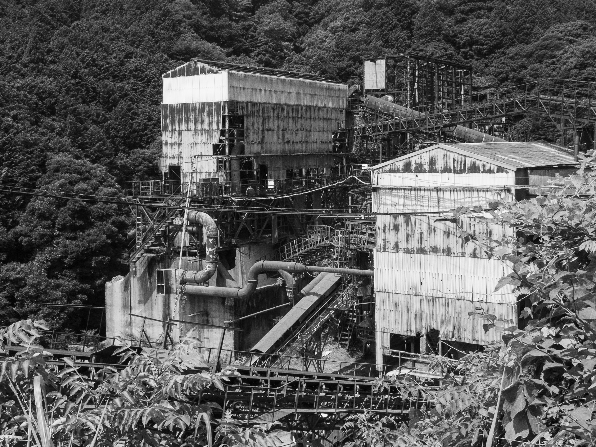 今回はモノクロで攻めてみます。三重県山中で出会った風景。峠道のカーブを抜けるとなんとも魅力的な建物が見えてきました。そそられるんですよね、こういう建物。複雑に絡み合うような作りがファンタジー世界のようにも思えちゃいます。ちと古びてますが稼働中の採石工場です。現役とあってなんとも力を感じます。高速道路を外れて一般道、それもあえて遠回りをすると出会えますよね、魅力的な風景に。自由の効く車の旅ならではの楽しみです