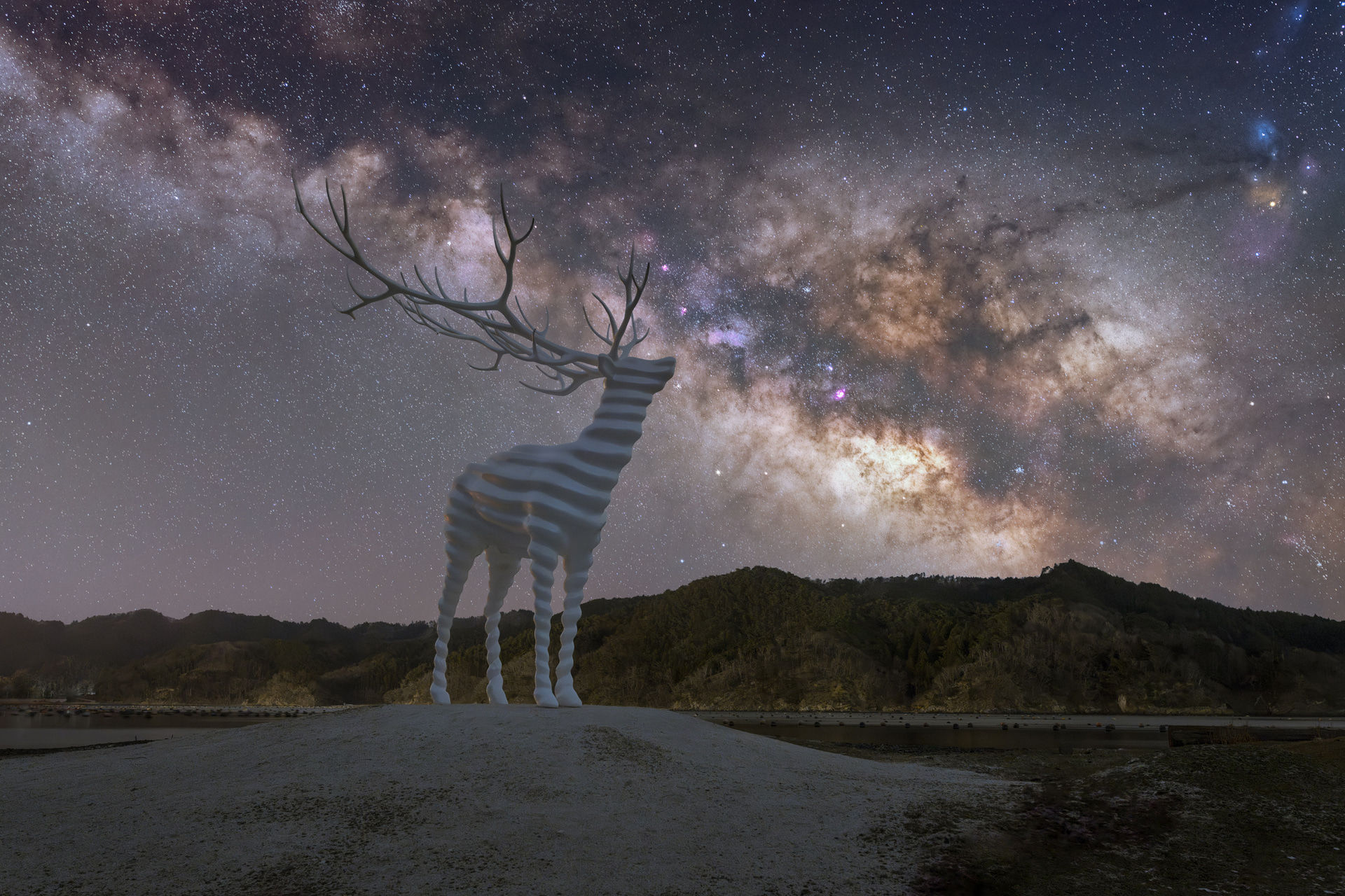 石巻の東日本大震災からの復興を願って設置された白い鹿のオブジェ。その視線の先には、静かに広がる星空がある。人々の祈りと、夜空の美しさが交差する。石巻市観光課およびReborn-Art Festivalの協力のもと、許可を得て撮影した<br><span class="fnt-85">ソニー α7R V／シグマ 28mm F1.4 DG HSM｜Art／28mm／マニュアル露出／WB：オート<br>星空（F2.8、90秒、ISO 2500）<br>地上（F2.8、15秒、ISO 6400）</span>