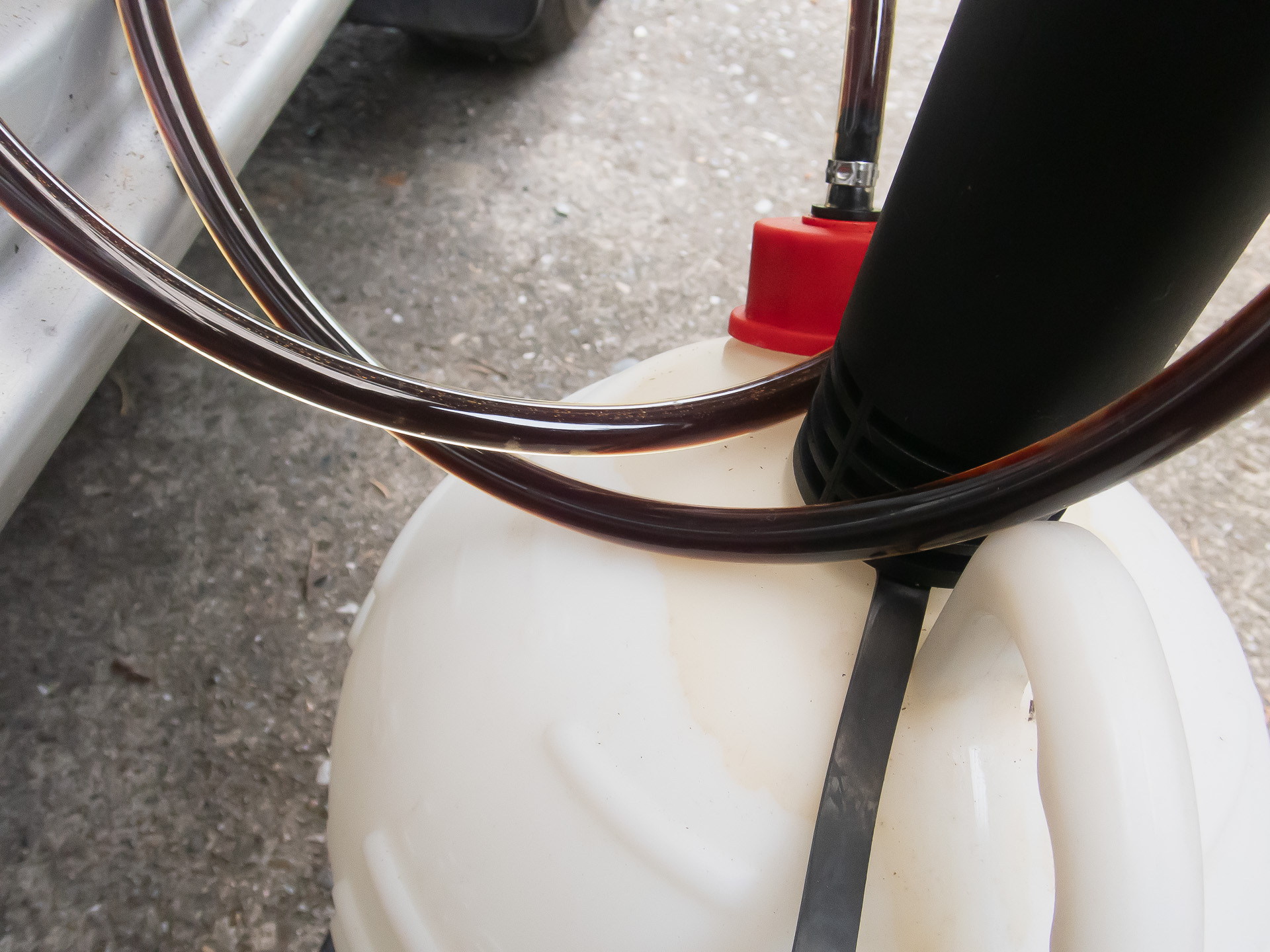 黒いパイプは途中から透明パイプに繋がっている。廃オイルが流れていく様子がわかる。黒く劣化したオイルだ