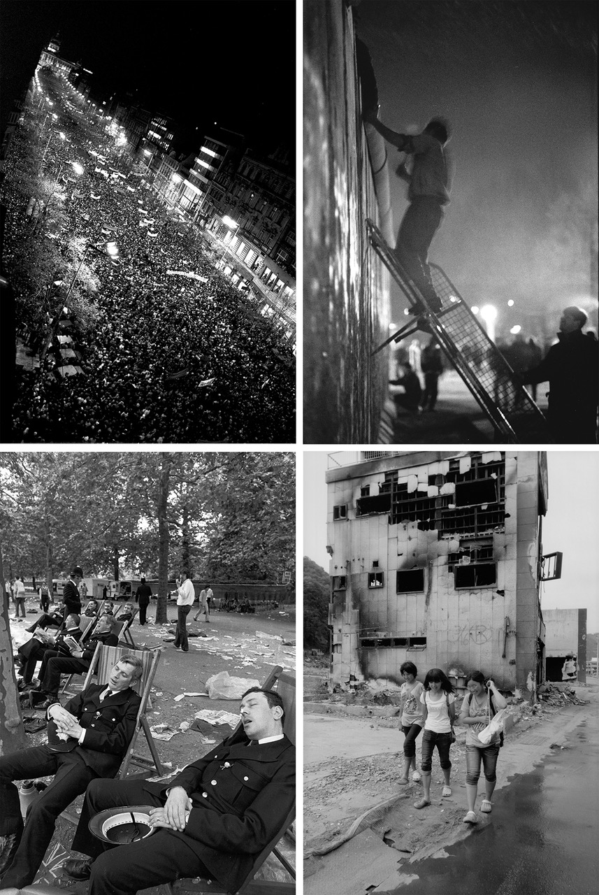 左上：革命前夜（プラハ1989）、右上：壁の崩壊（ベルリン1989）、左下：ロイヤルウェディングの後（ロンドン1981）、右下：被災地の小学生（岩手2011）　© 2025 Herbie Yamaguchi