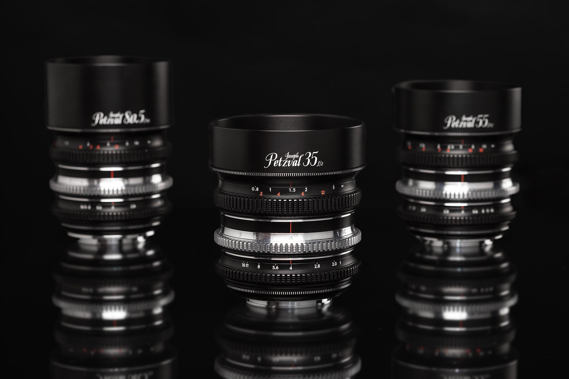 左からJoseph Petzval 80.5mm f/1.9、Joseph Petzval 55mm f/1.7、Joseph Petzval 35mm f/2