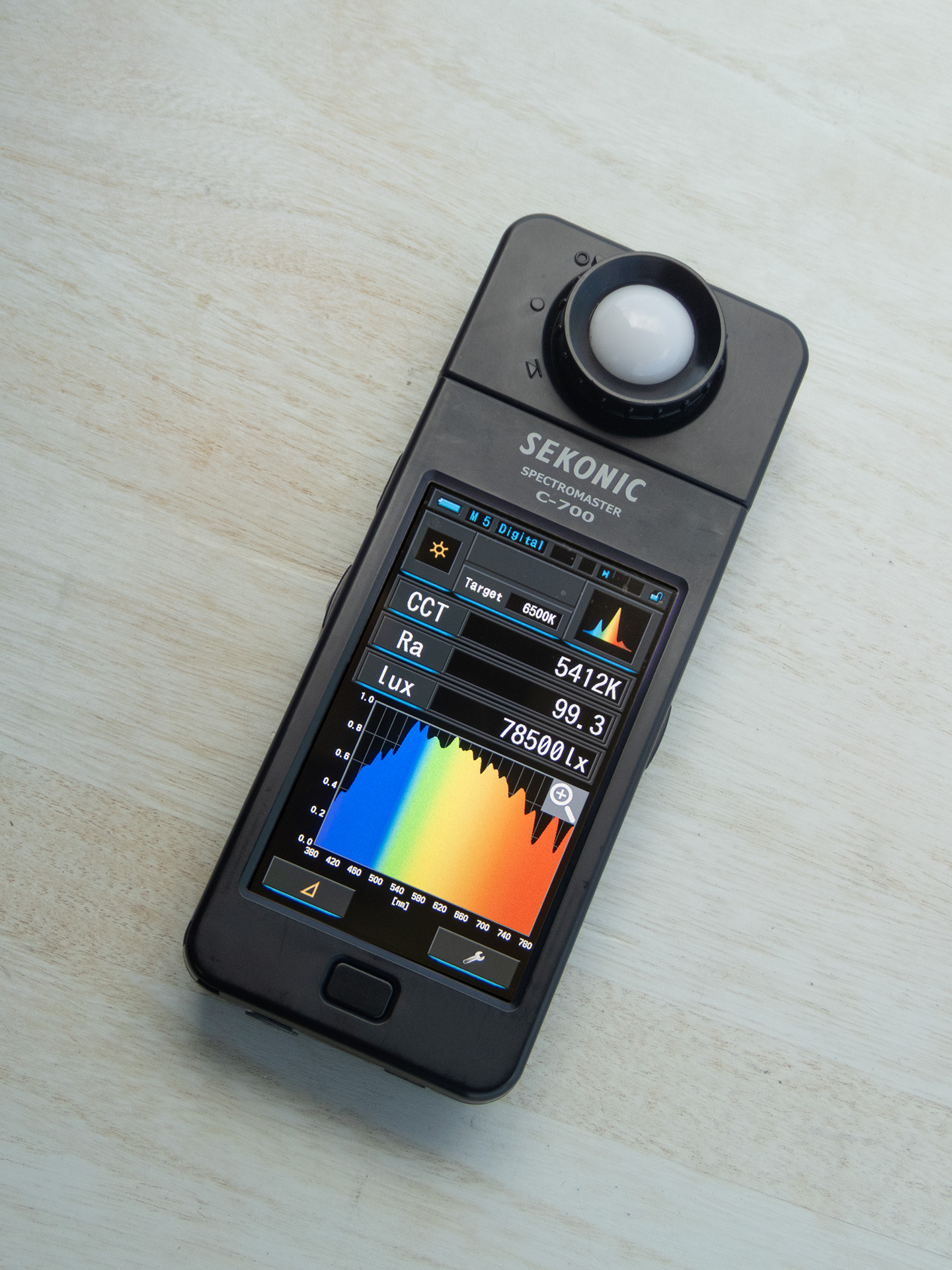 10年愛用のスペクトロマスターC-700。現行品はスペクトロマスターC-800。光源のスペクトル分布を視覚的に計測できる。カラーマネージメントに必須の機材だ