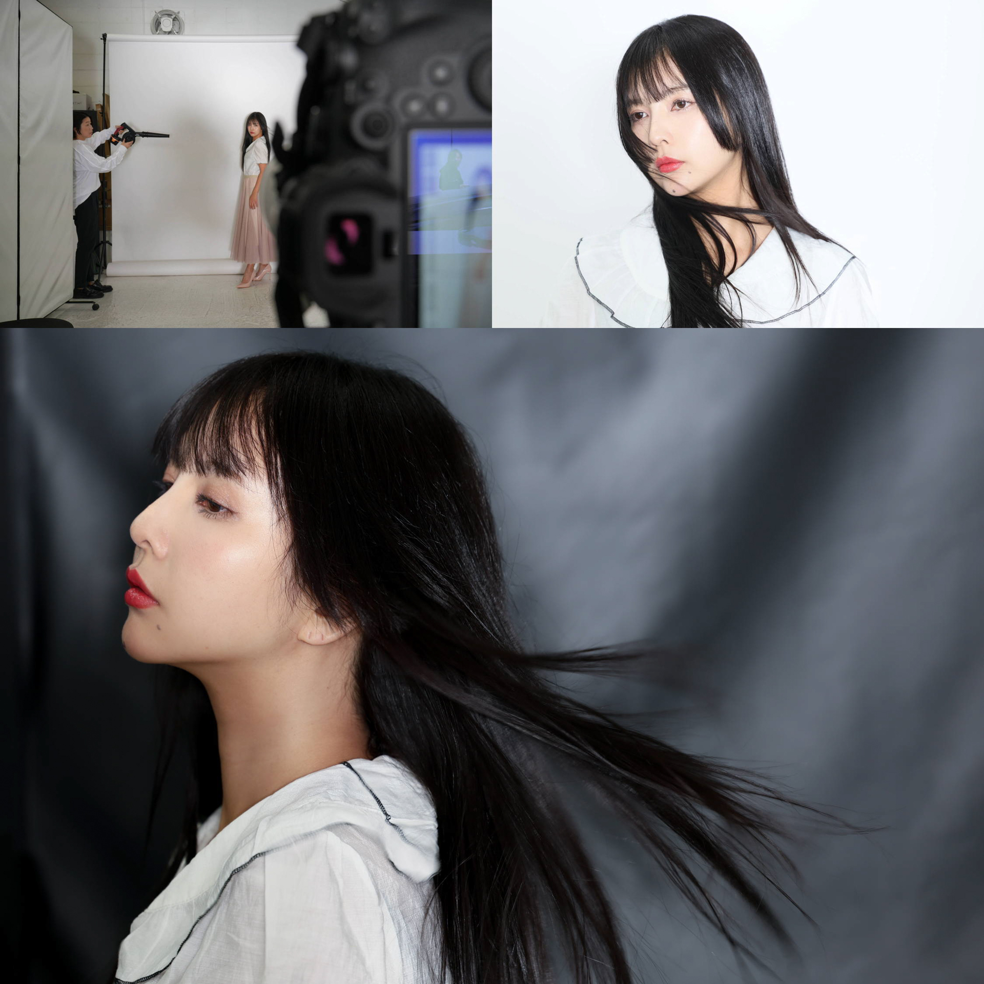 近井がブロワーで髪の毛や服に風を入れる