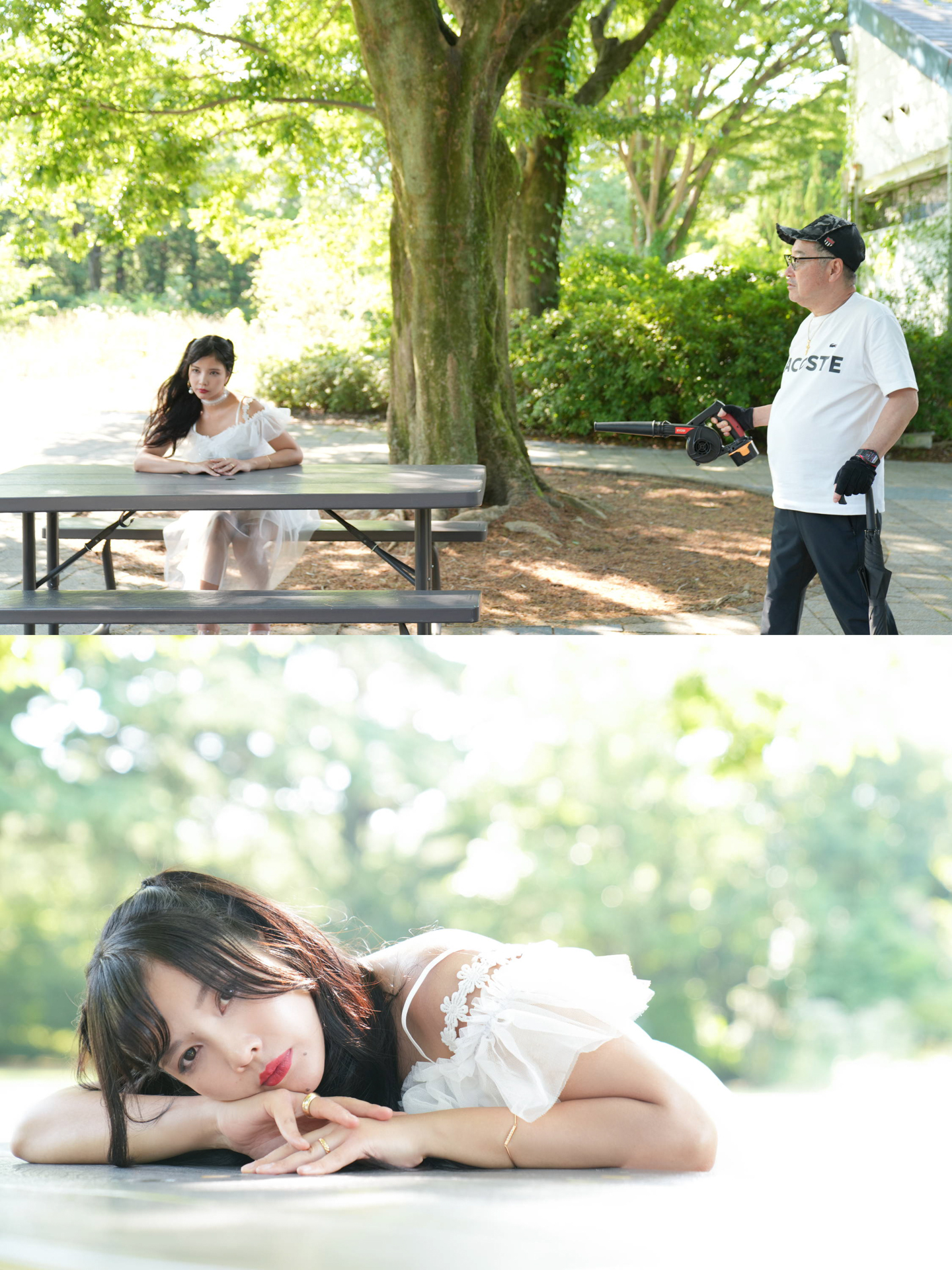 （上）撮影会でもブロワーを持参しシチュエーションに合わせて風を入れる（下）近井は同行しながらメイキングやお客様の邪魔をしない程度にモデルさんを撮影