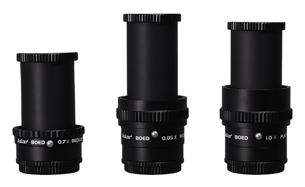 左：80ED用0.7×レデューサー、中央：80ED用0.85×レデューサー、右：80ED用1.0×フラットナー