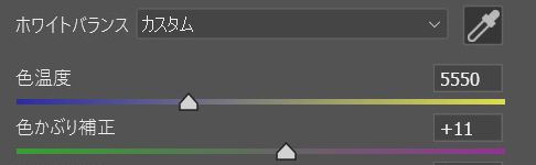 撮影したRAWを「Adobe Camera RAW」で現像した。チャートのグレー部分でカスタムホワイトバランスを調整。色温度の数値を見れば、フィルターの有無による色かぶりの影響がわかるが、非常に色温度の変化が少ない