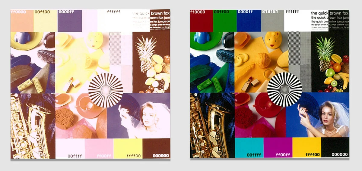 試験後のプリント。左が昇華型（コンビニ）写真プリント、右が銀塩写真プリント