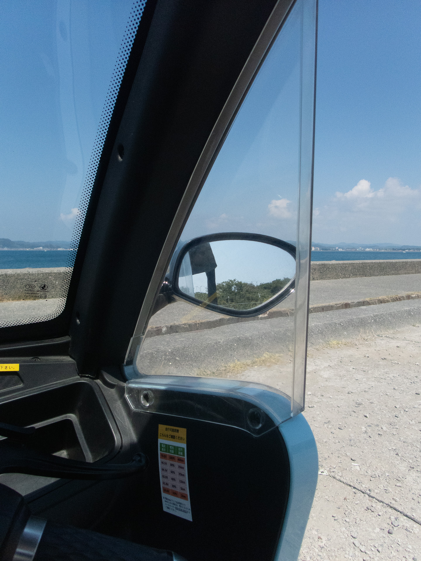 車体とミラーの間のアクリルシールドは風の巻き込みを効果的に防いでいる