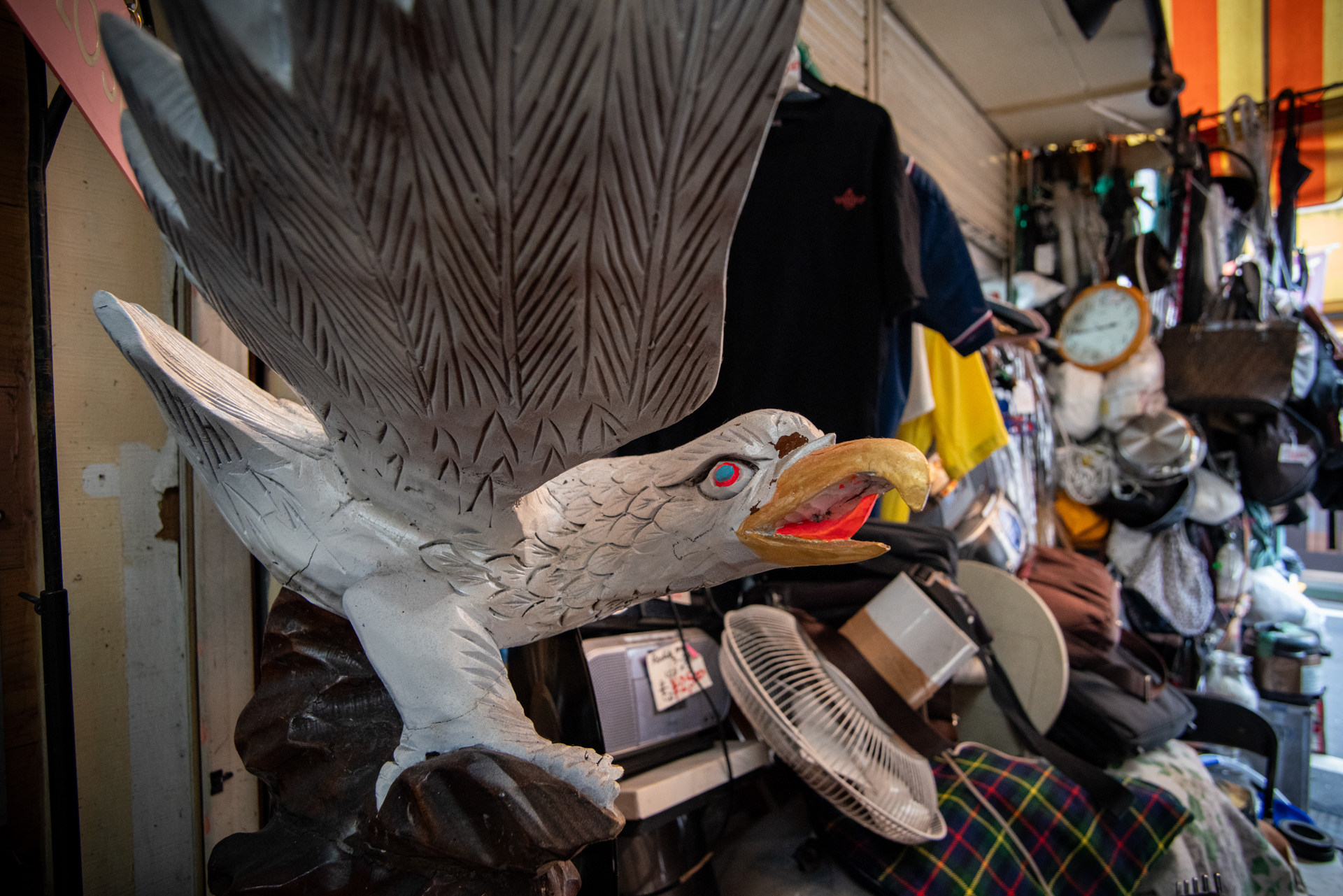 リサイクルショップの片隅。ライブビューでフォーカスもお任せでしたけど、ちゃんと狙ったところにフォーカスしたのは偶然というやつでしょうか。ライブビューのコントラストAFはもう少し頑張りたいです。それには後継機しかないですね。<span class="fnt-85">PENTAX K-1 Mark II／smc PENTAX FA20-35mm F4／23mm／絞り優先AE（1/1,600秒、F5.6、−1.3EV）／ISO 1600</span>