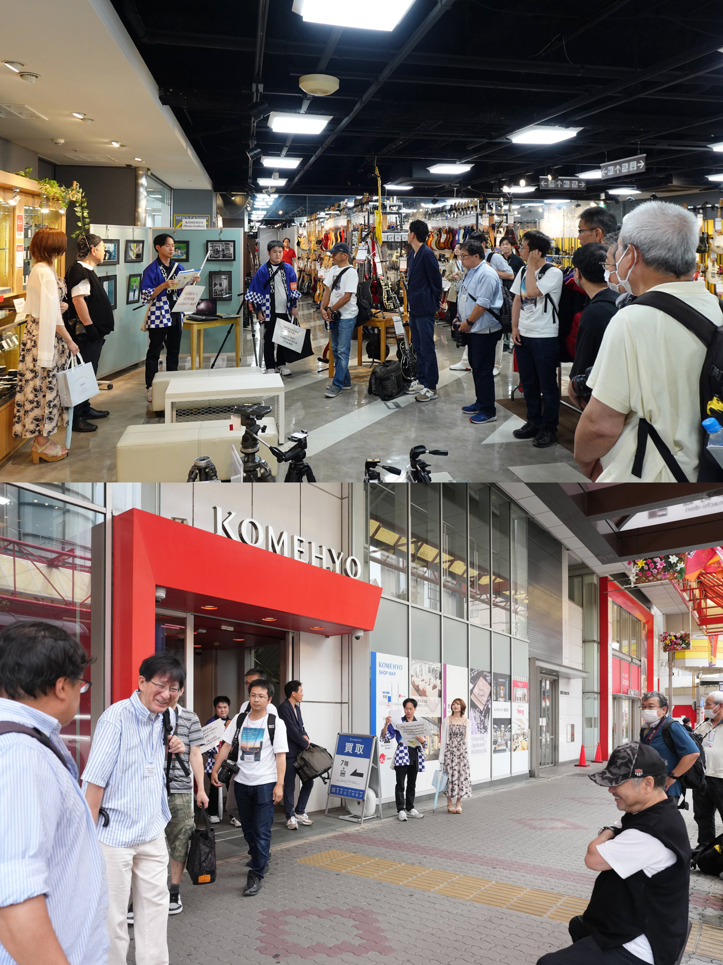 （上）KOMEHYOカメラ売り場で挨拶（下）大須商店街へ撮影に繰り出す