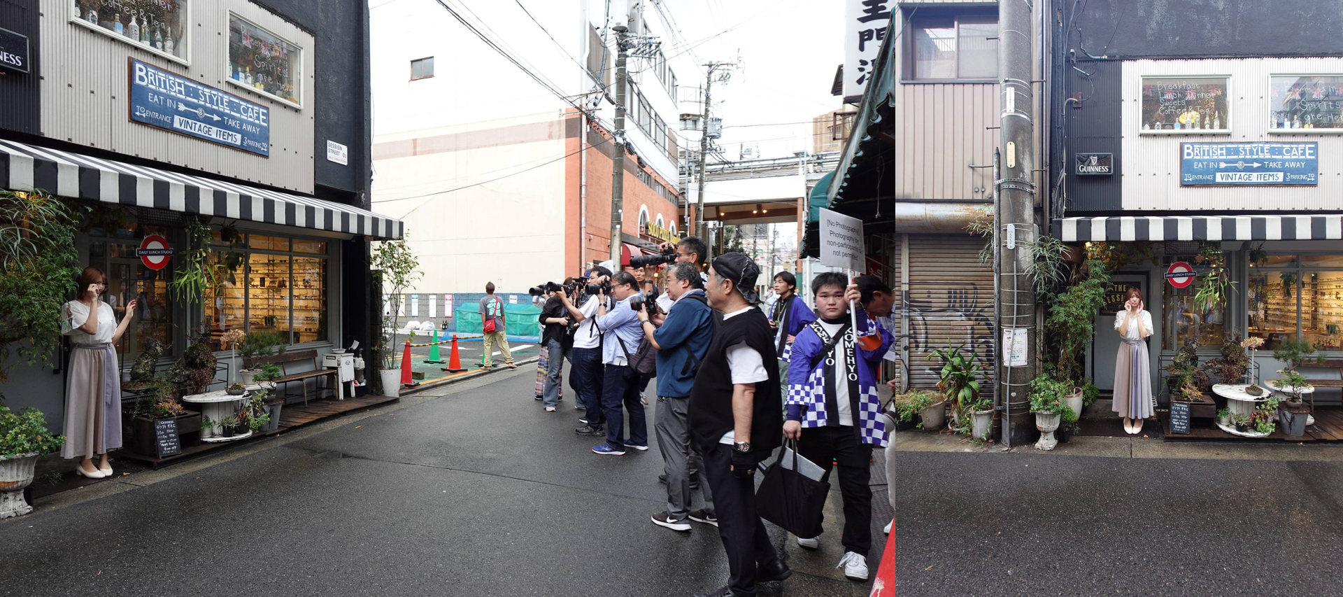 小雨が降る中、モデルさんに極力雨が当たらないよう軒下に立ってもらう