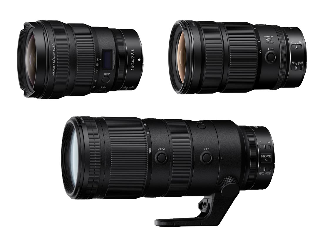NIKKOR Zにおける最新のF2.8ズームレンズ。左上から時計回りにNIKKOR Z 14-24mm f/2.8 S、NIKKOR Z 24-70mm f/2.8 S II、NIKKOR Z 70-200mm f/2.8 VR S