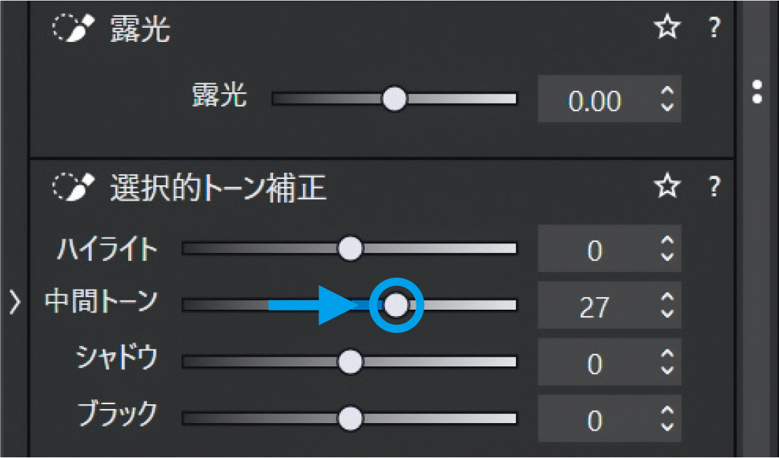 通常の部分補正と同様に多種多様な補正が可能だ。部分補正は調整し過ぎると、範囲外との違和感が生じやすいため、注意が必要だ