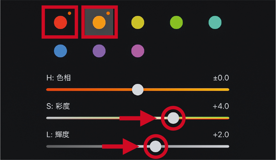 特定色の調整で、暖色のみ彩度を上げる。背景とのバランスを保ったまま、肌の色の血色を良くする