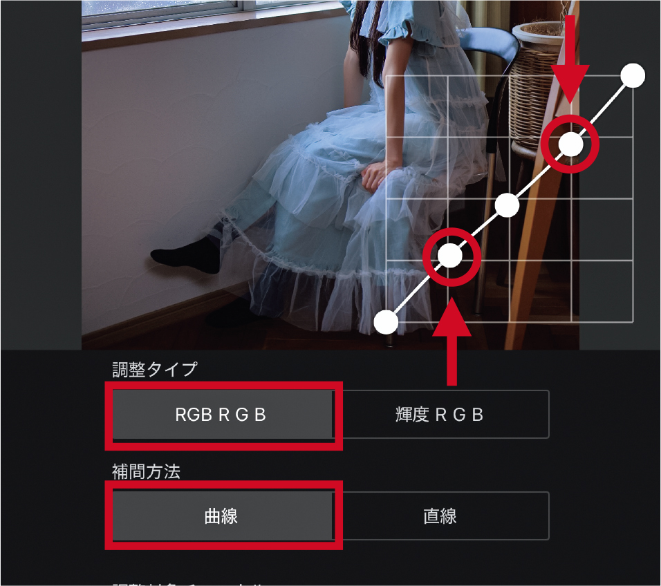髪の毛の黒つぶれを戻すためにトーンカーブで微調整した。交差している箇所に点を打つと調整しやすい