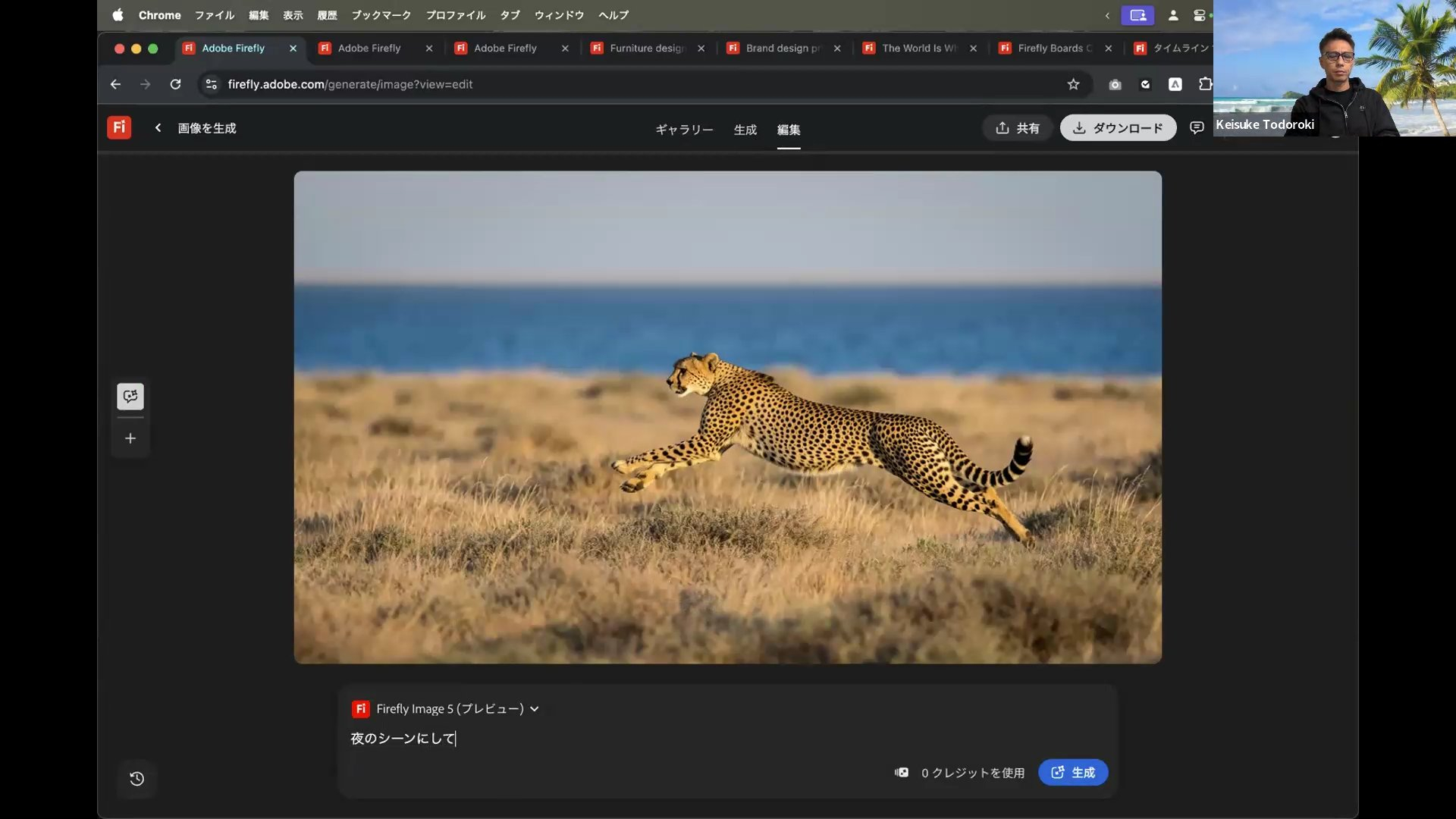 生成された「草原を走るチーター」。新たに「編集」タブが用意されており、ここからプロンプトで「夜のシーンにして」と入力