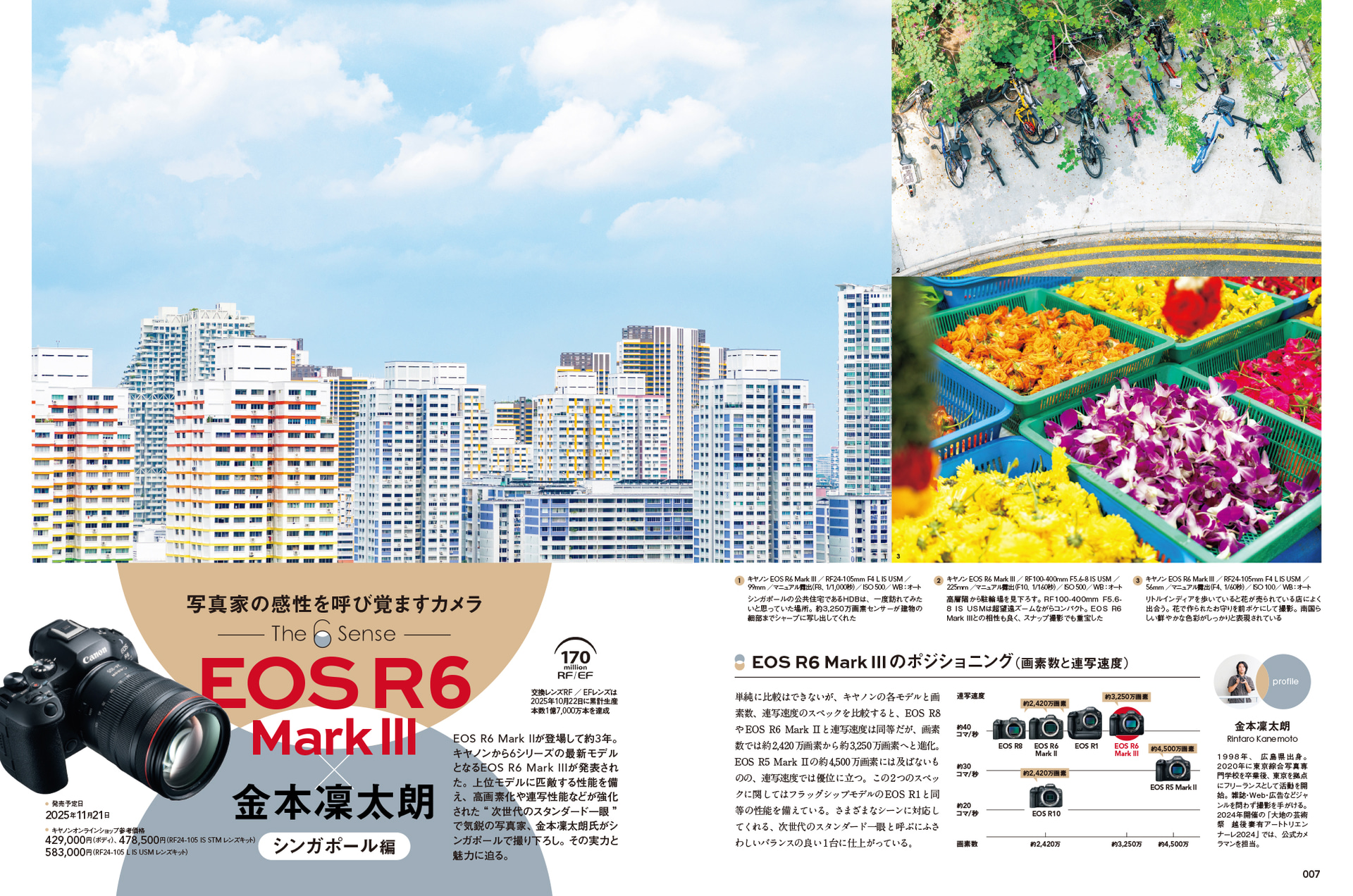 巻頭で新進気鋭の写真家・金本凜太朗氏によるシンガポールでのEOS R6 Mark IIIの撮り下ろしレビューも掲載