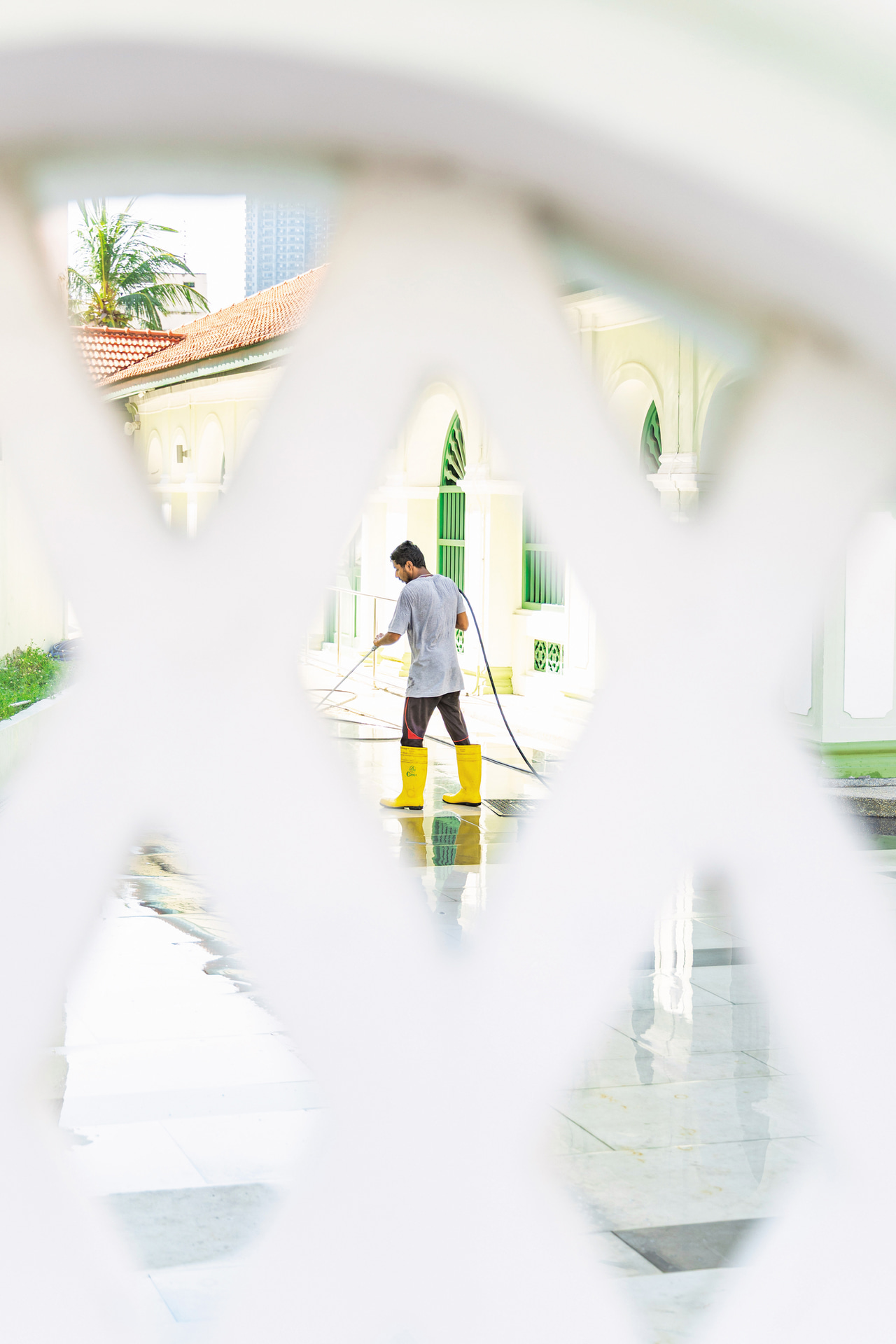 特徴的な柵に引かれて近付くと奥に人物が見えた。黄色の長靴と植物の緑をアクセントに画面を構成。AFの正確性には何度も驚かされた<br><span class="fnt-85">キヤノン EOS R6 Mark III／RF24-105mm F4 L IS USM／50mm／マニュアル露出（F4、1/400秒）／ISO 250／WB：オート</span>