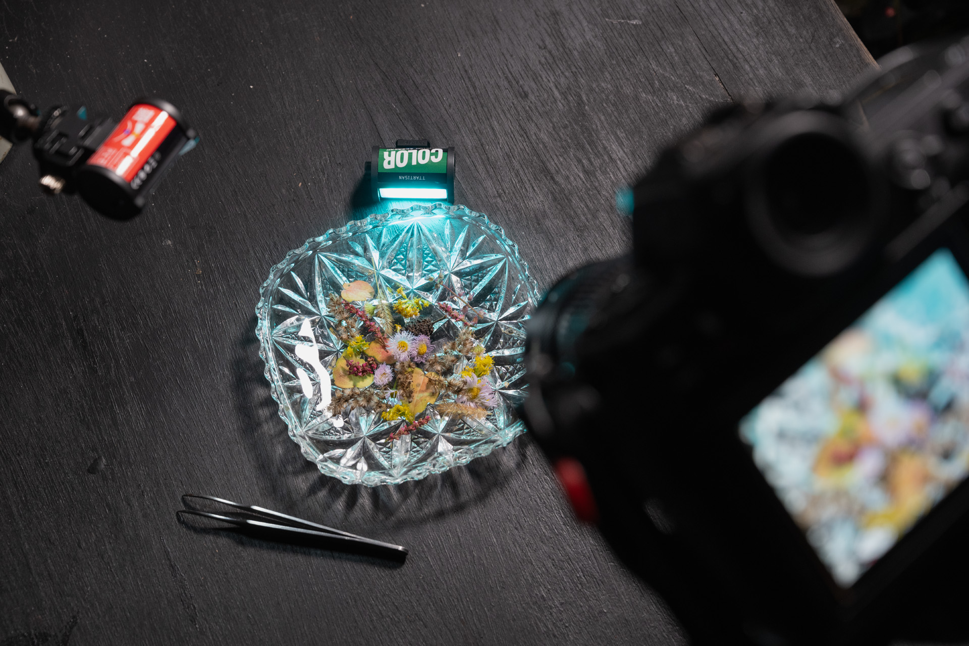 LEDで照明する時は周りを暗くする。撮影は夜におこなった