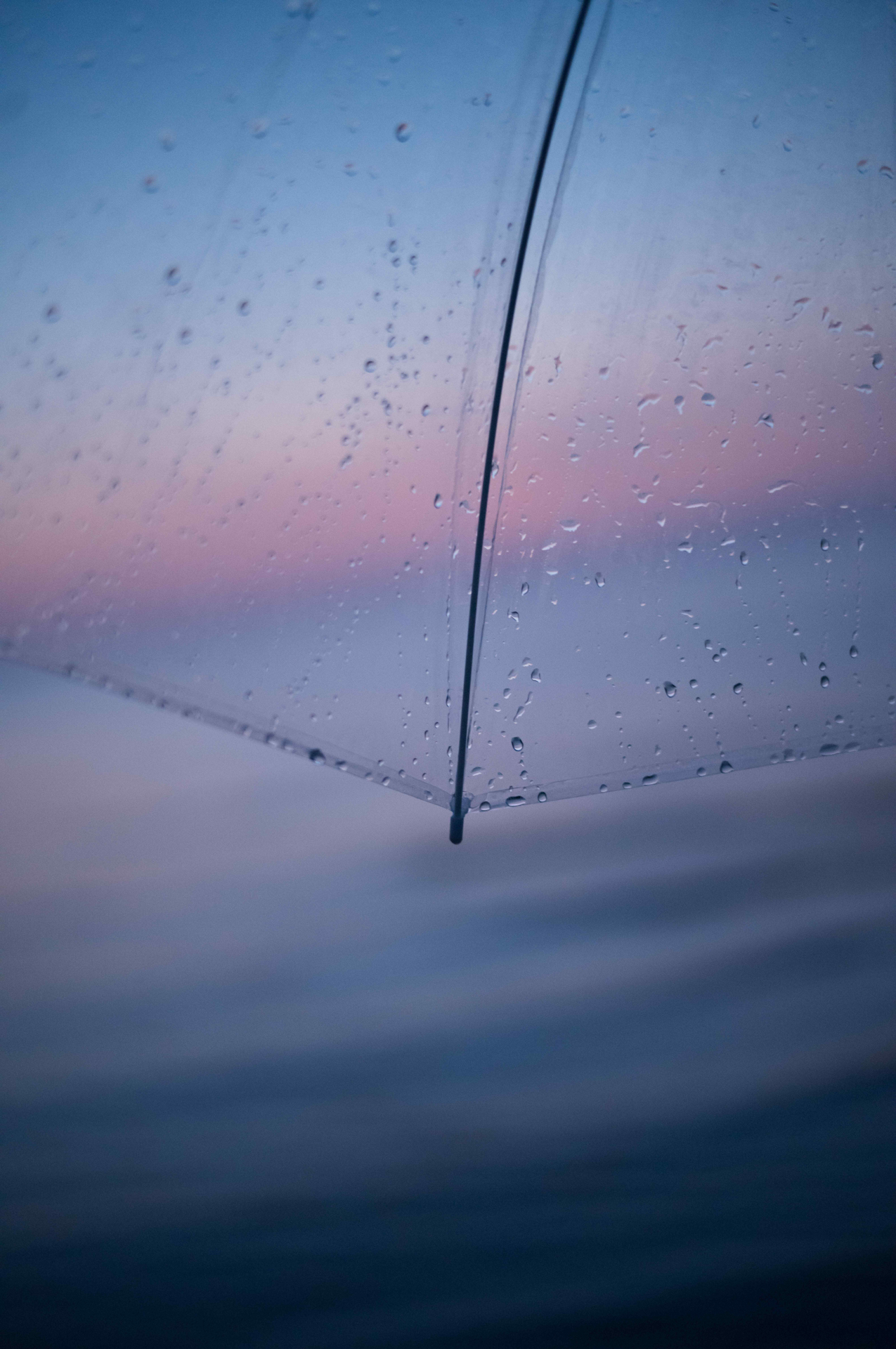 雨粒をまとった透明な傘の向こうで、夕暮れの空が静かに溶け合う。ピーキングを頼りに、傘の細い骨にピントを合わせる。開放F値によるボケのグラデーションが美しい。心までそっと和らぐ瞬間だった<br><span class="fnt-85">ライカM EV1／ライカ ズミルックスM f1.4/50mm ASPH.／50mm／マニュアル露出（F1.4、1/90秒）／ISO 3200／WB：白熱灯</span>