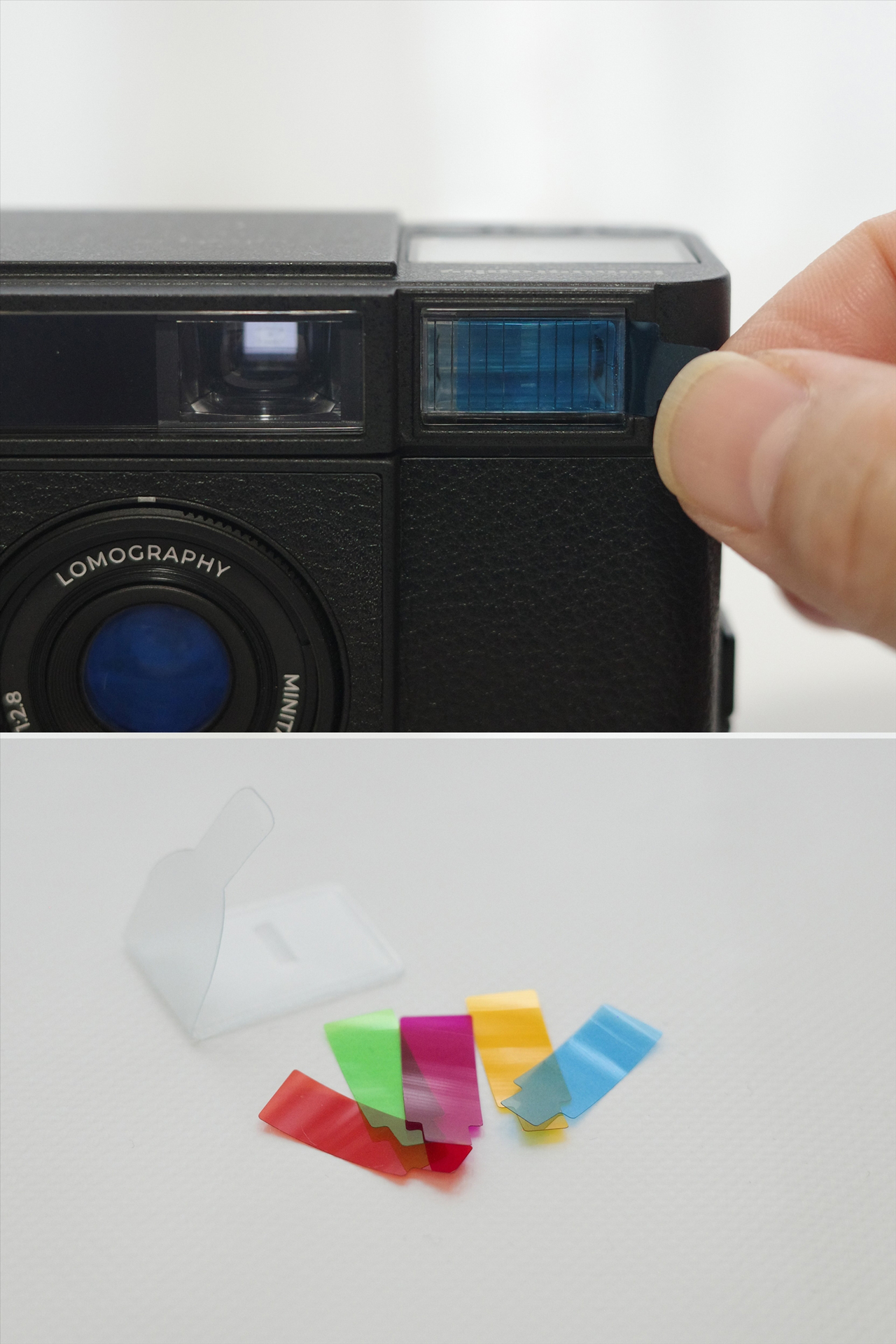 ロモグラファーの必需品ともいえるフラッシュ前に差し込む5種のカラーフィルター。ソフトケース入りですが、あまりにも小さいので紛失注意