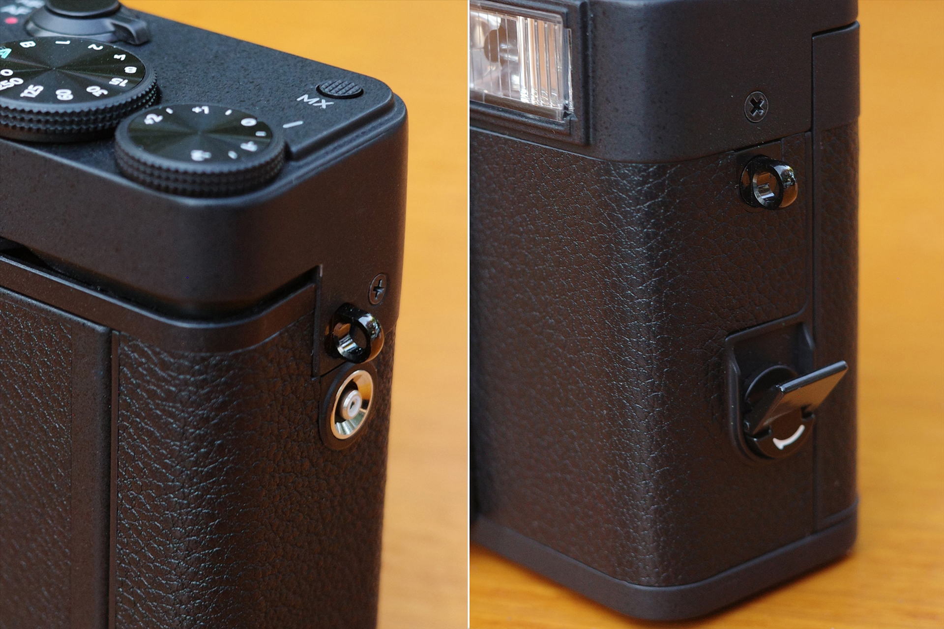 ボディ側面に外部フラッシュ用PC端子（画像左）／裏蓋ロック（画像右）