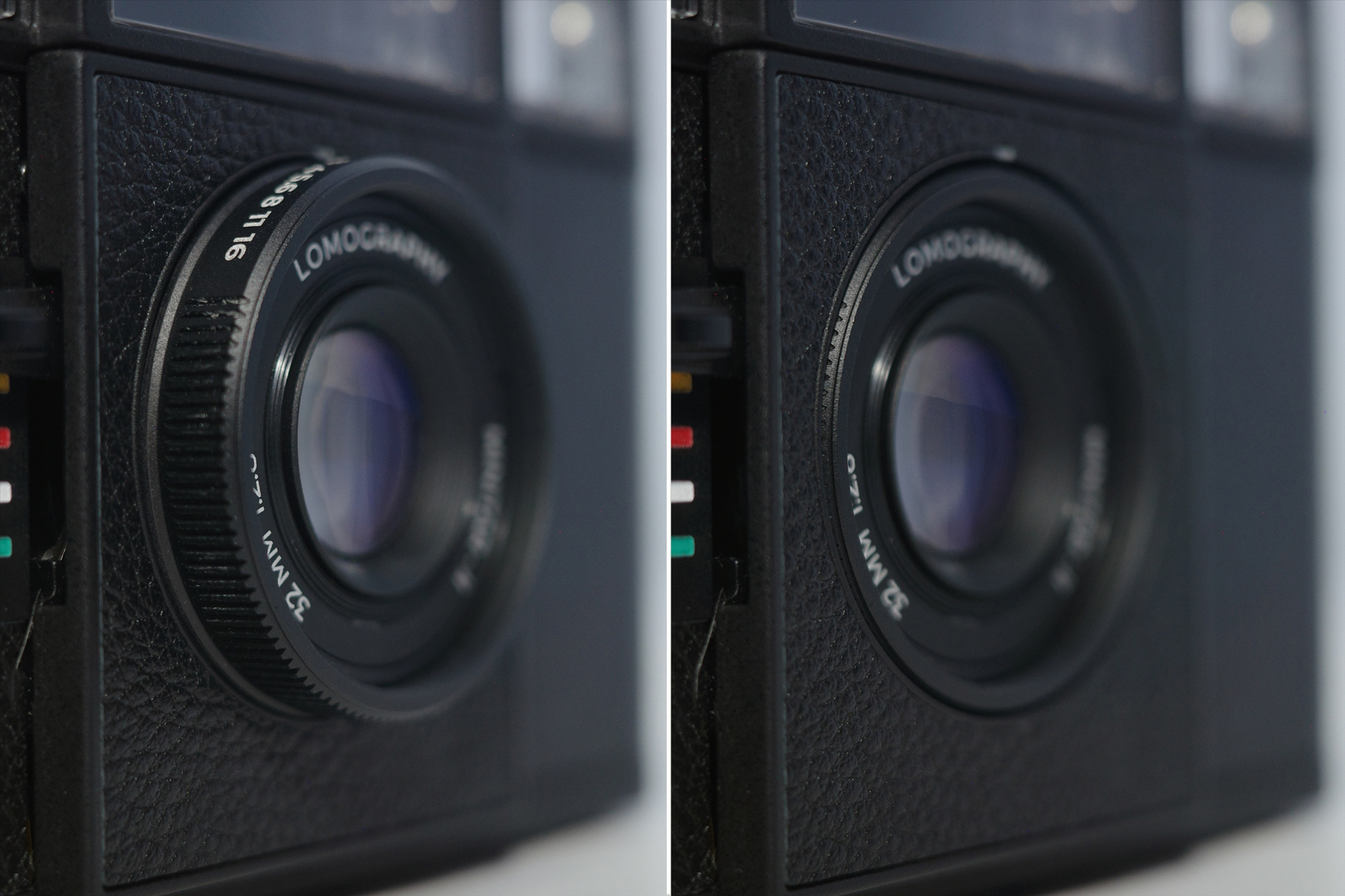 電源ON時（左）と電源OFF時（右）のレンズの様子。カメラの電源を入れたまま2分以上放置していると、レンズが格納しディスプレイが消灯する