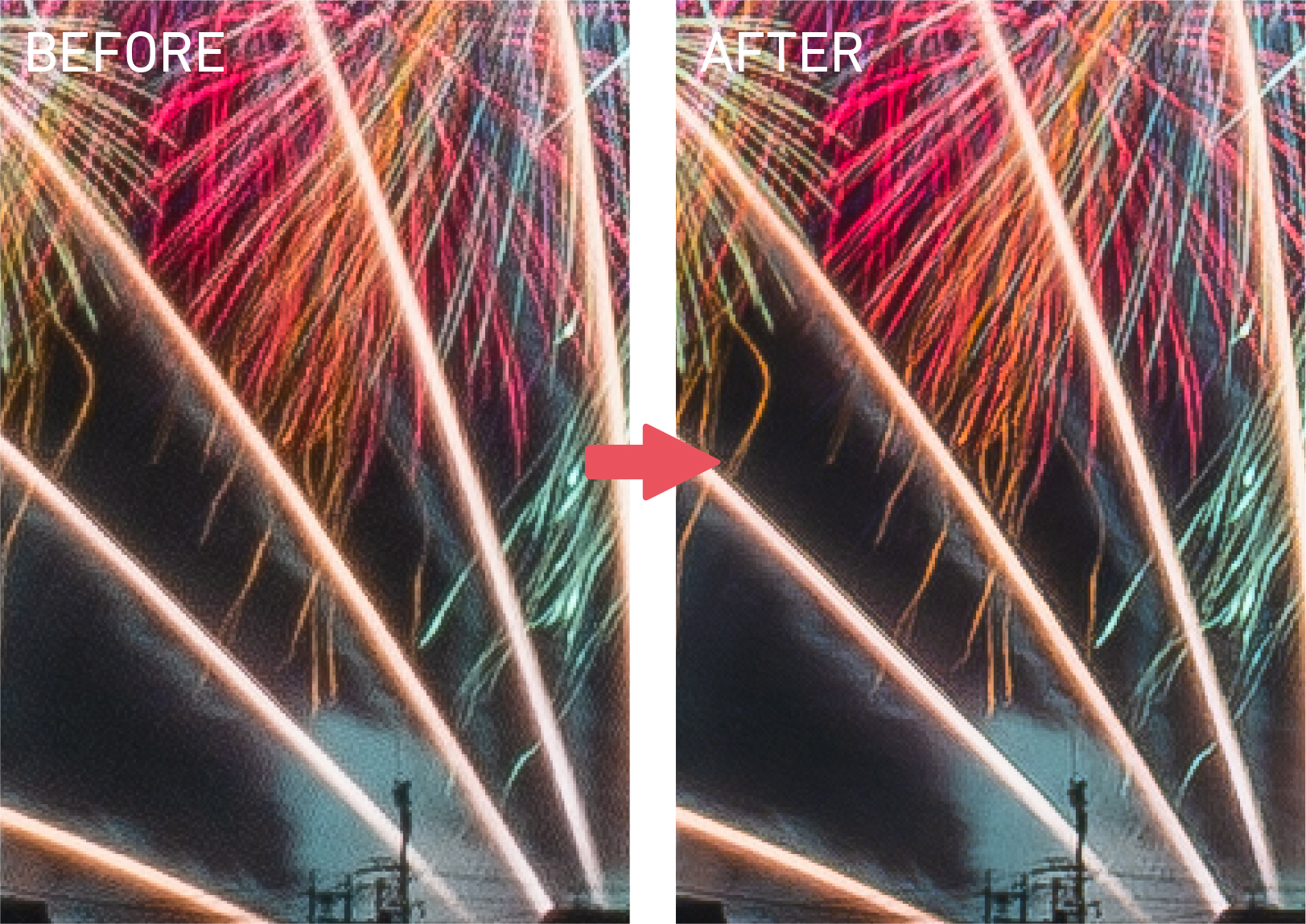 空に残っていたノイズが消えて花火のディテールが際立った