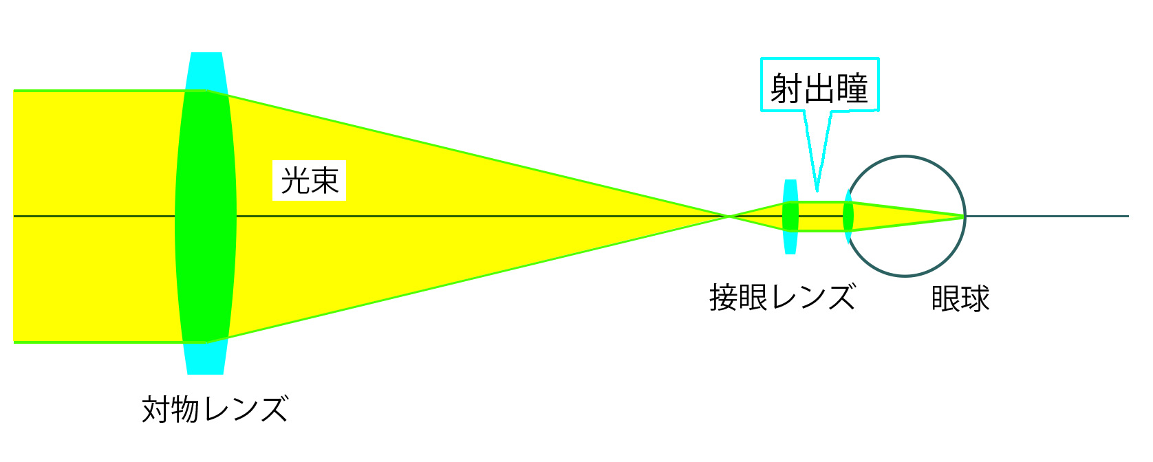 接眼レンズから出てくる光束が射出瞳。その大きさが瞳径。この図ではプリズムを省略している