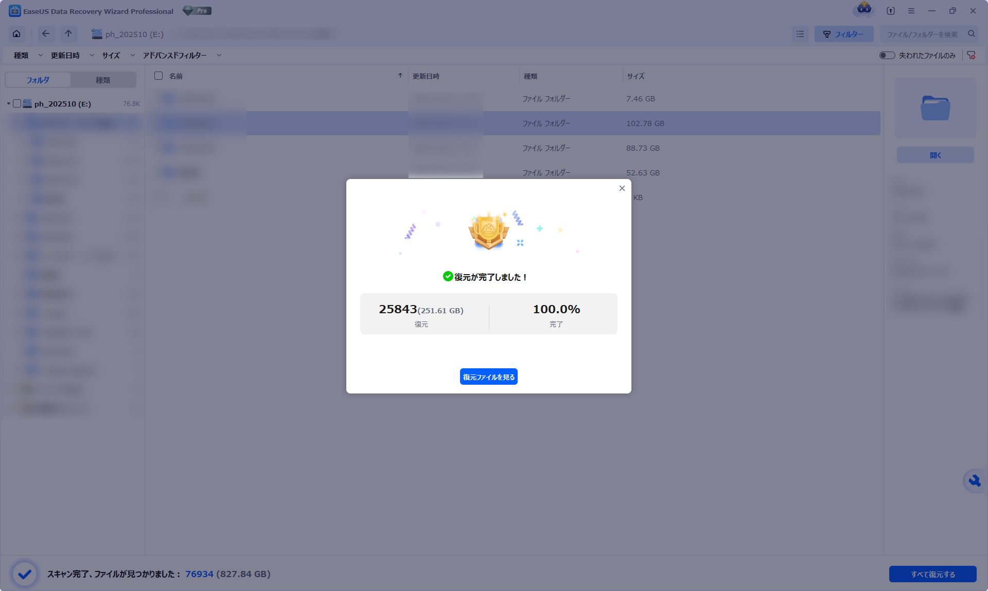 さらに別のファイル群でも復元テスト。251.61GB分のデータも問題なく復元された