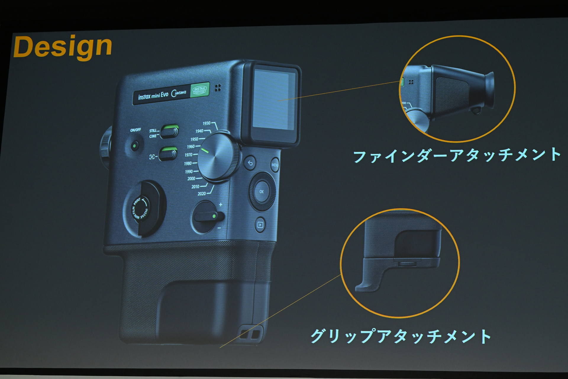 背面には1.54型のモニターを搭載。ファインダーアタッチメントとグリップアタッチメントはパッケージに同梱となる