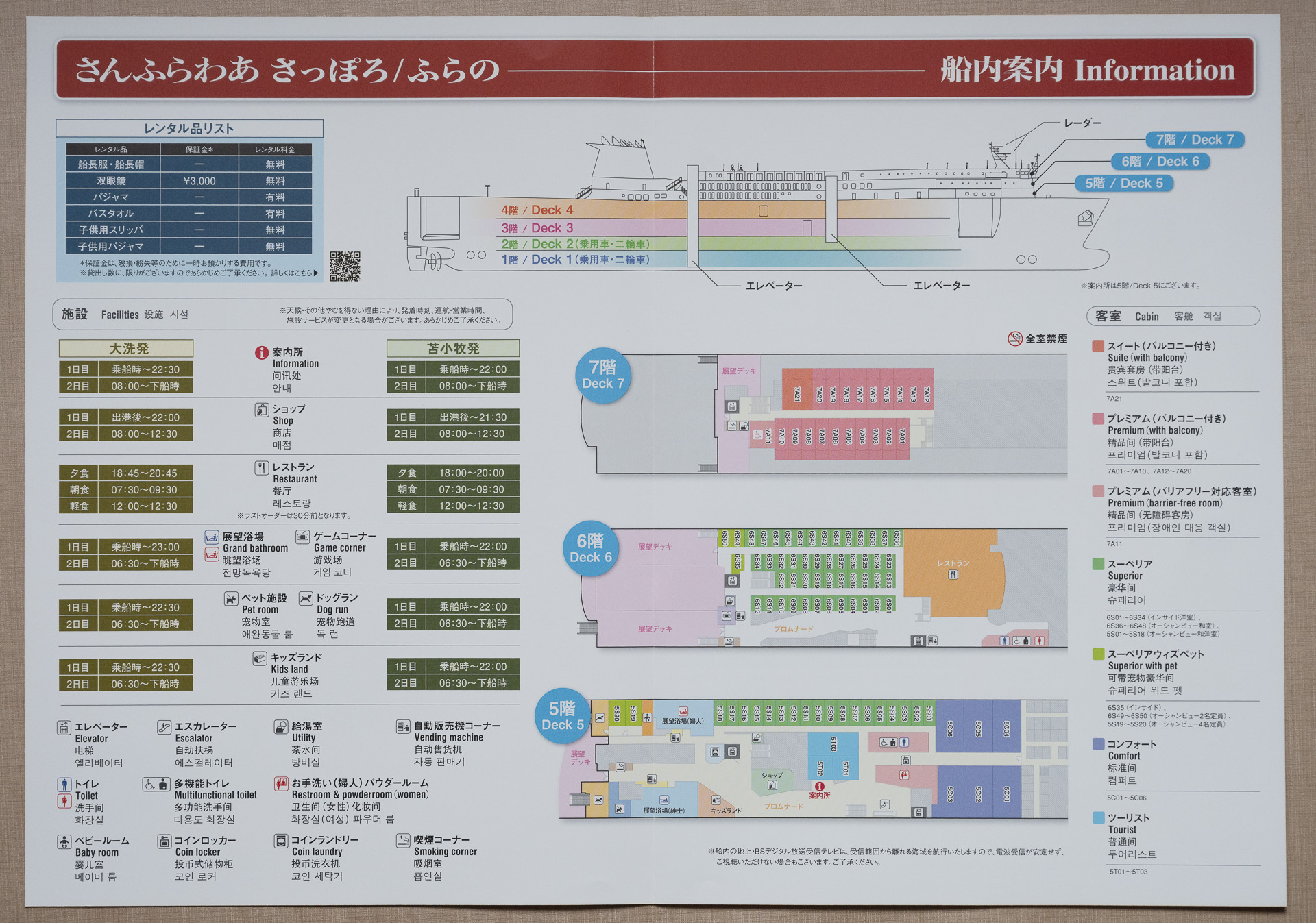 車をおりたら船内案内の看板で車を停めた位置や自分の部屋、非常口を確認しようね