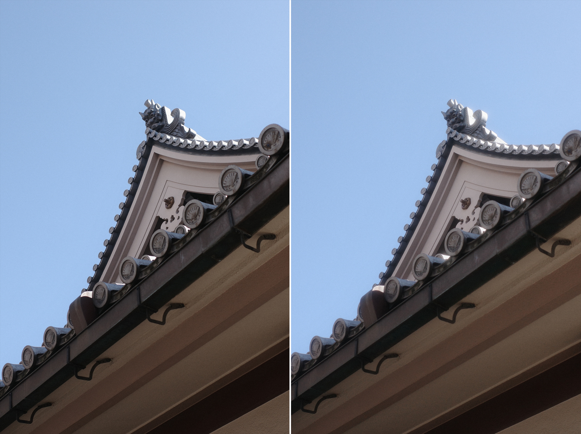左がHDFオフ、右がHDFオン。鬼瓦が光を受けて輝いていてなんだかかわいらしく見えます。軒下も若干明るくなっています