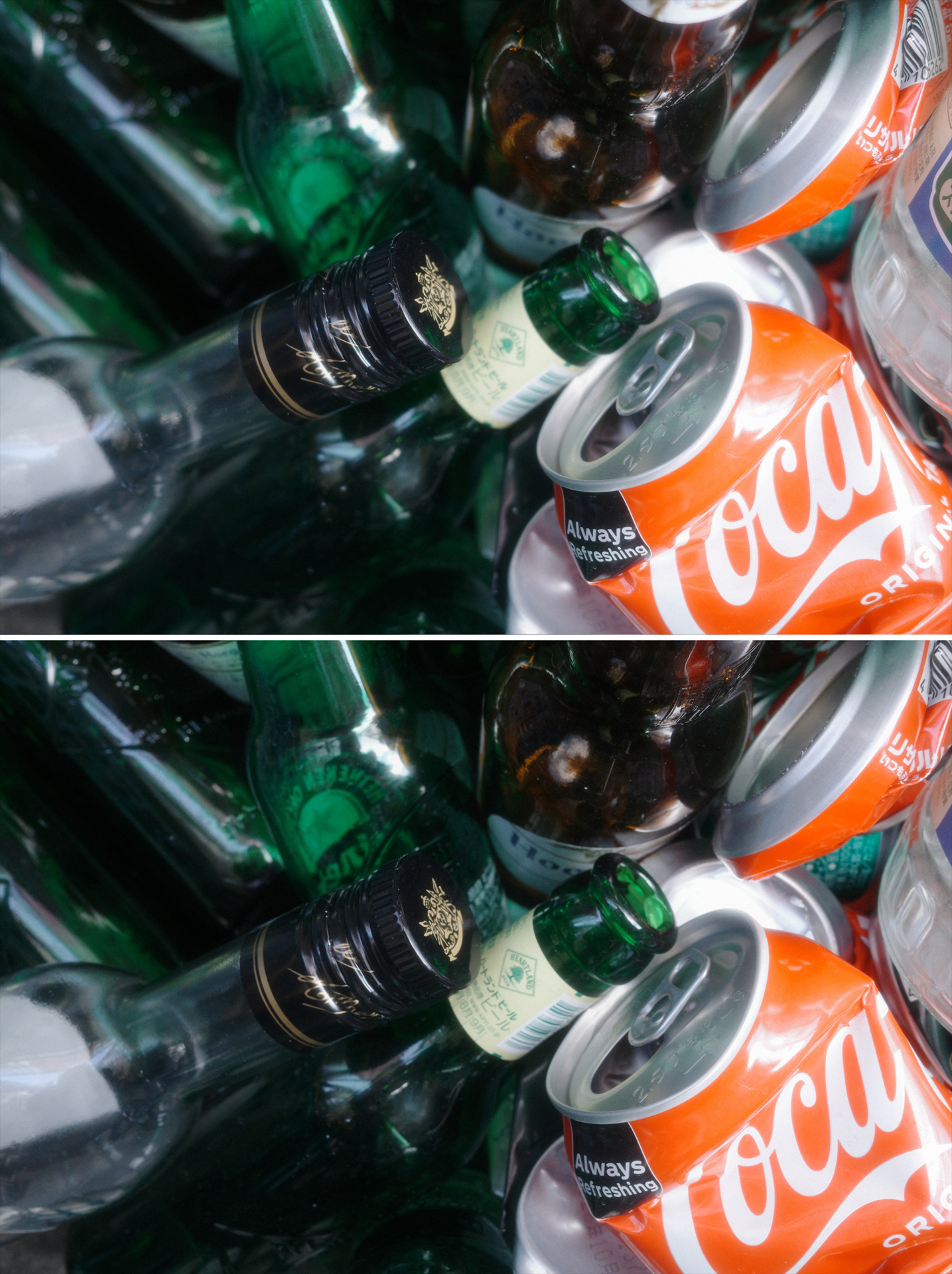 上がF2.8、下がF7.1。緑色の瓶の飲み口、赤い缶の白いロゴのエッジなどに違いが見えます