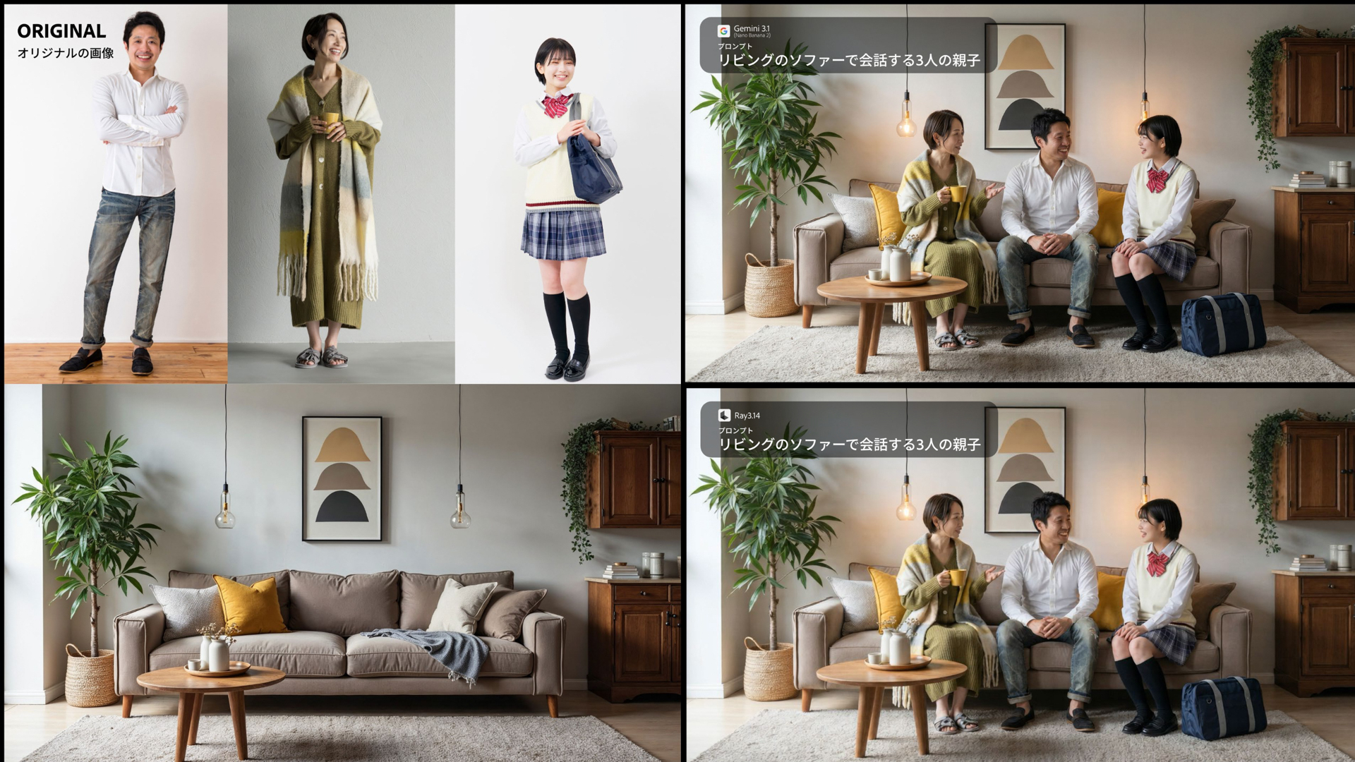 Adobe Stockから全く関係ない3人の画像と部屋の画像をピックアップしてNano Nananaで合成したのが右上。右下はそこから動画が生成されている