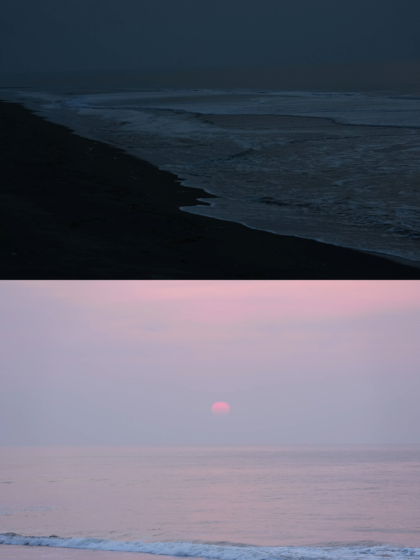 （上）ソニー α1 II／FE 70-200mm F2.8 GM OSS II／絞り優先AE（F4.5、1/400秒、−2.3EV）／ISO 800　（下）ソニー α1 II／FE 70-200mm F2.8 GM OSS II／絞り優先AE（F4.5、1/200秒、＋0.7EV）／ISO 640　日の出は5時半ごろ