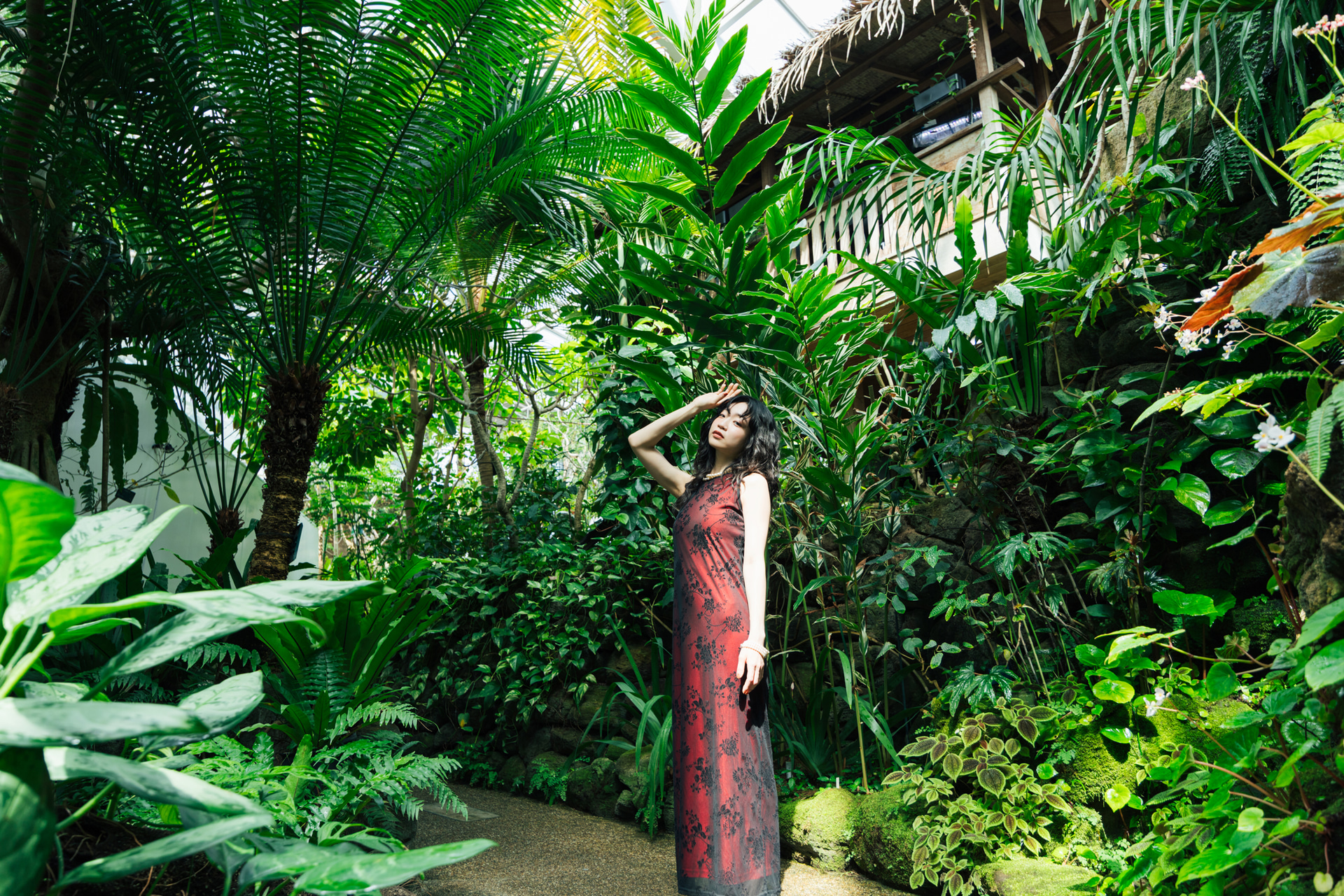 森の中に現れた女神のようなイメージを描いた。周囲の情報を最大限に入れ、モデルを中央に小さく配置した。ちょうど、差し込んでいた一筋の光をスポットライトに活用している<br><span class="fnt-85">キヤノン EOS R5 Mark II／RF14-35mm F4 L IS USM／23mm／絞り優先AE（F4、1/100秒、±0EV）／ISO 100／WB：オート</span>