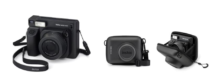 左からinstax WIDE 400「JET BLACK」ショルダーストラップ付き、instax WIDE 400「JET BLACK」用カメラケース