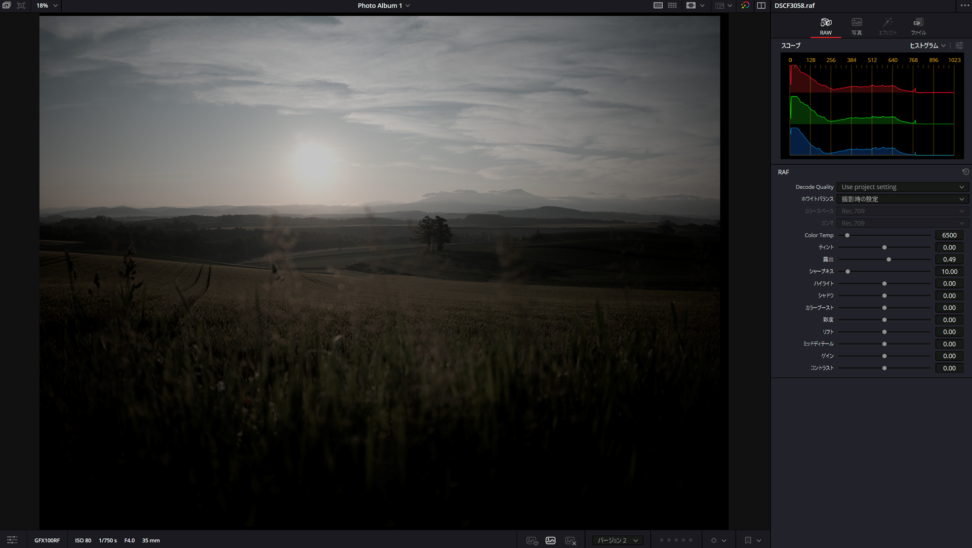 富士フイルムのRAFの場合、初期状態はこんなに暗く、色も浅め