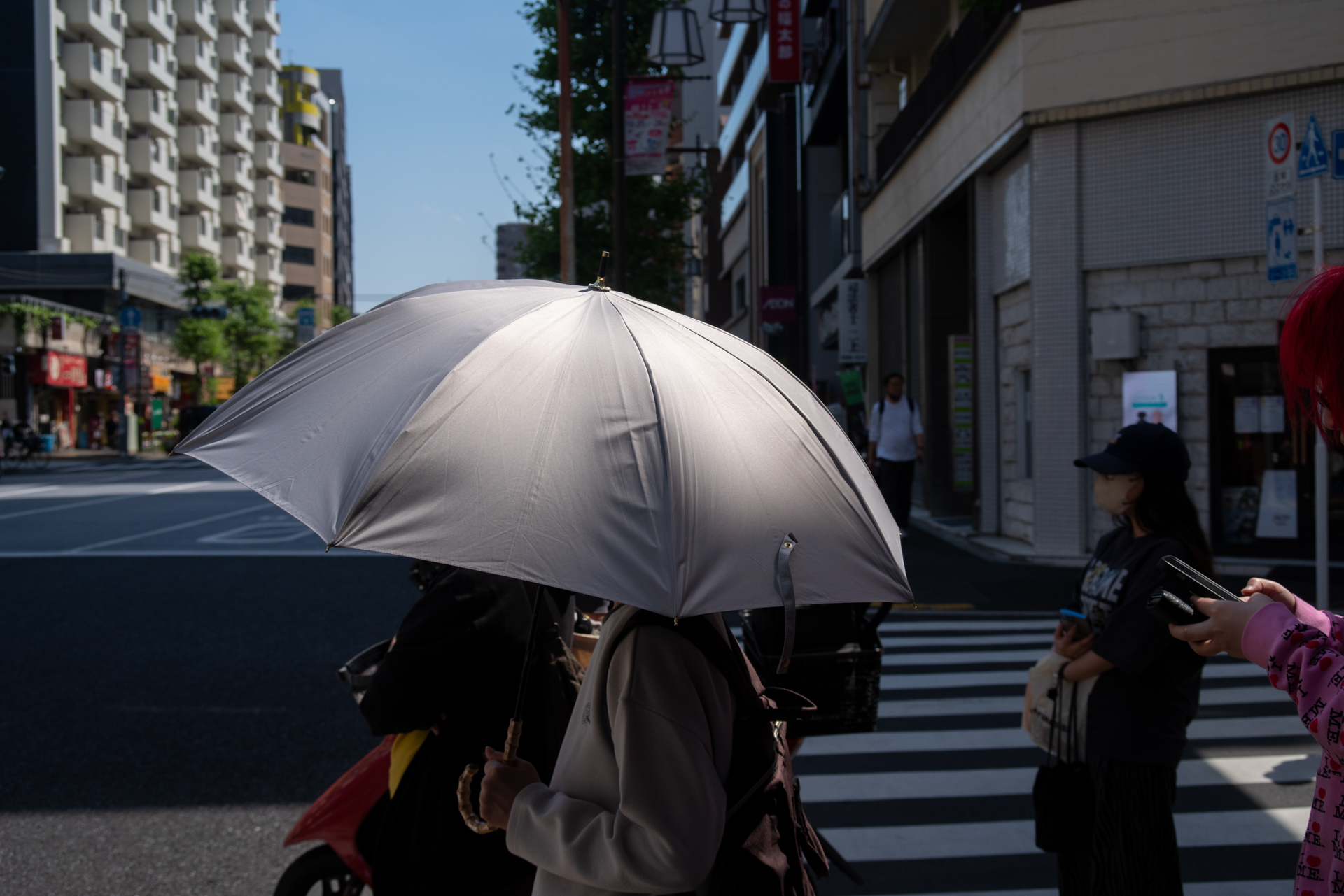 筆者の好きな日傘です。当然撮るわけですが、反射によるフレアとか出るかなあと思ったら皆無でした。<br><span class="fnt-85">ペンタックス K-1 Mark II／smc PENTAX-F 35-70mm F3.5-4.5／50mm／マニュアル露出（1/1,000秒、F9、－0.7EV）／ISO 400</span>