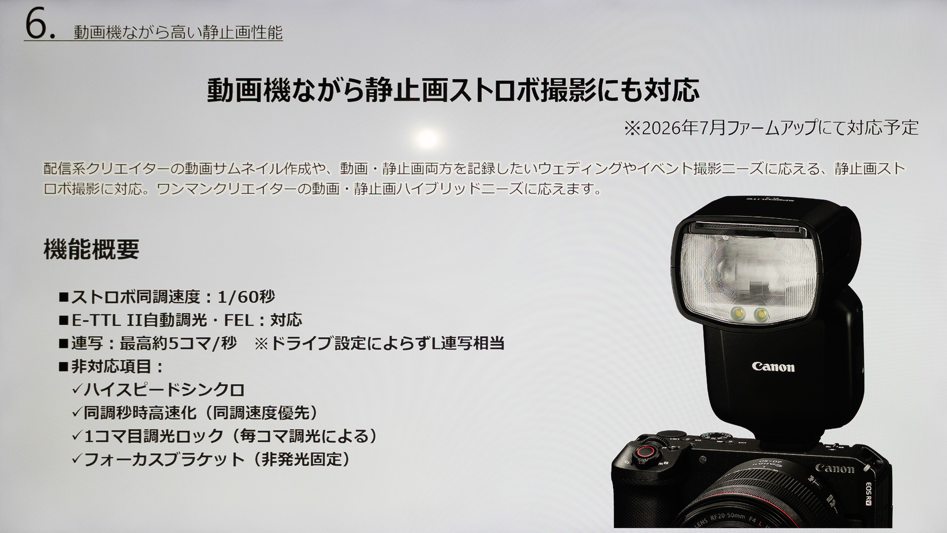 1/60秒までとなるが、ファームアップでストロボに対応予定だ