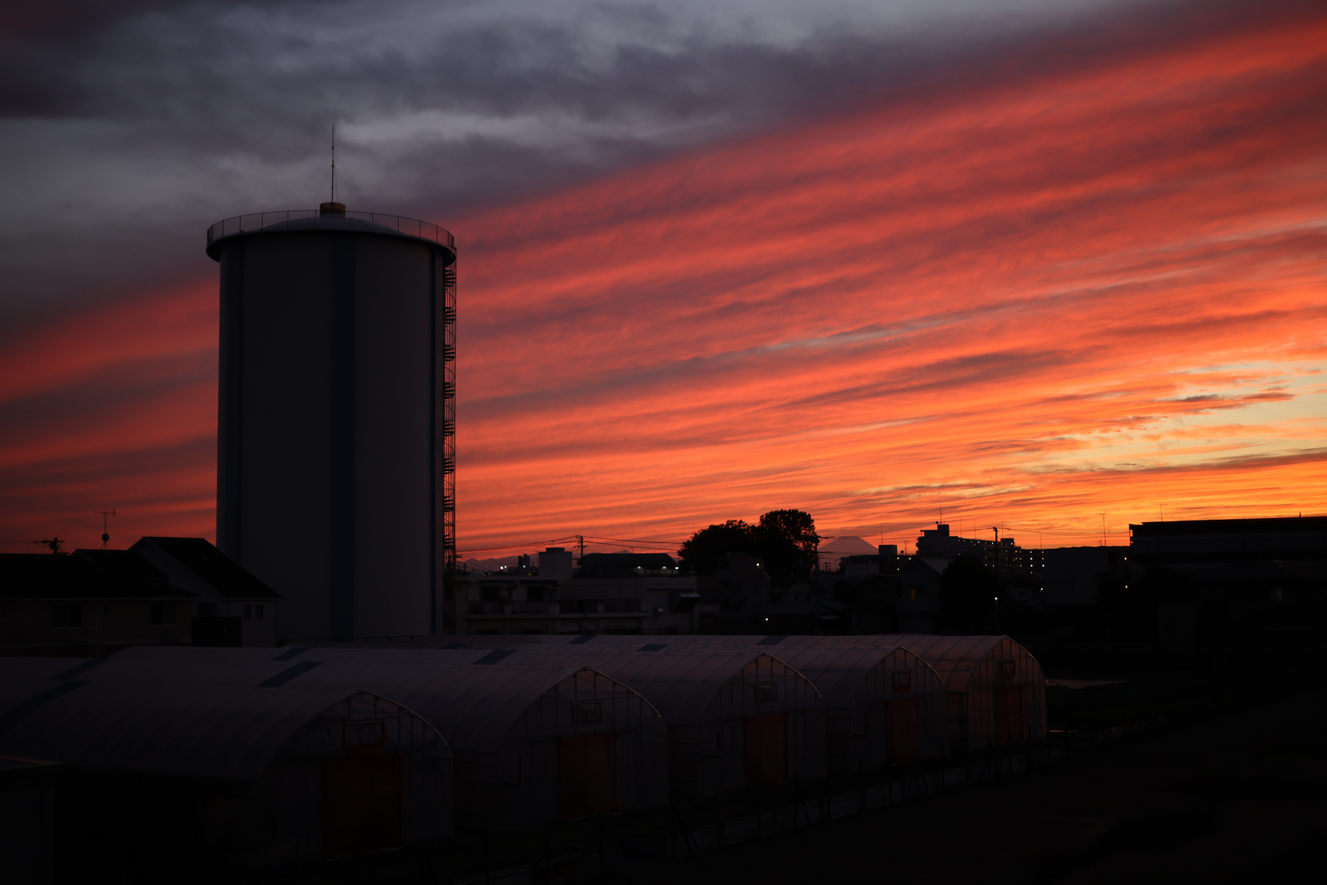 自宅の2階からみた夕焼けです。中央近辺に小さく富士山がみえることがわかったのは最近のことです。インフの設定だと開放絞りでもけっこう線が細く優秀な描写性能です。<br><span class="fnt-85">キヤノン EOS R6 Mark III／RF45mm F1.2 STM／45mm／絞り優先AE（1/1,000秒、F1.2、-1.67EV）／ISO 200</span>