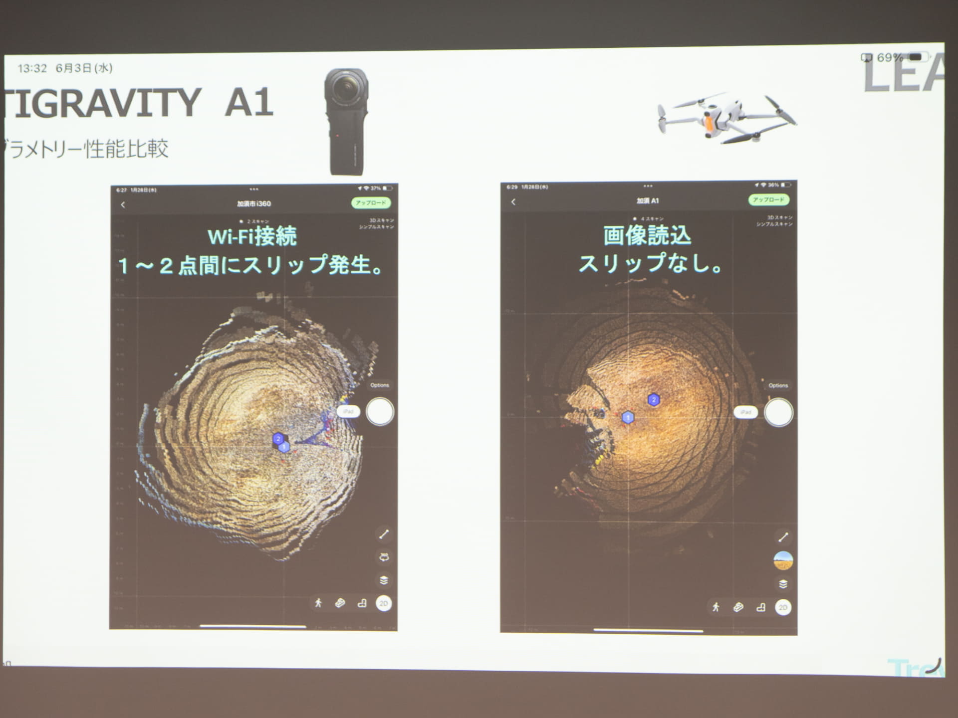 フォトグラメトリのための画像取り込みは、Wi-Fi経由で行なうよりも撮影画像から切り出した方がスリップが発生しにくいという