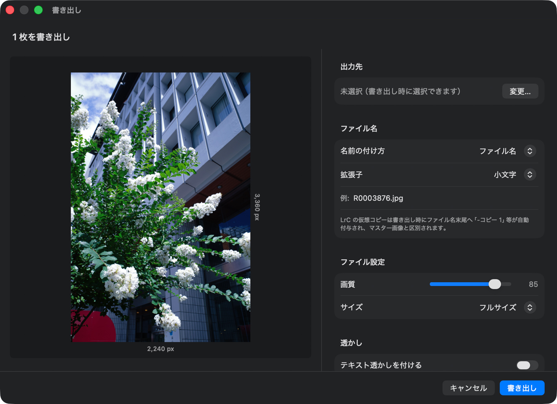 書き出し画面。出力先フォルダの指定やファイル名の規則など、細かく指定できる
