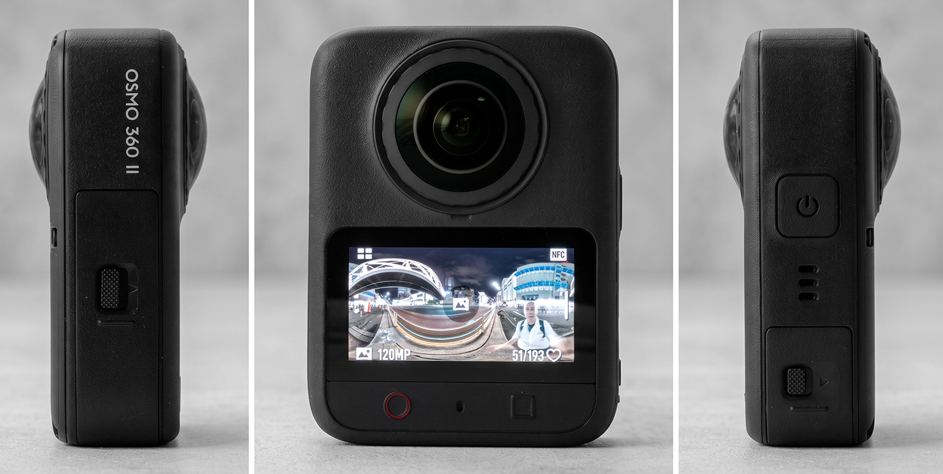 DJI Osmo 360 II。本体周りは前機種を踏襲し、横長のモニターで動画や写真の構図が把握しやすい。Osmo Actionシリーズと互換性のある2,150mAhバッテリーなので、既存ユーザーは導入コストが抑えられるだろう。