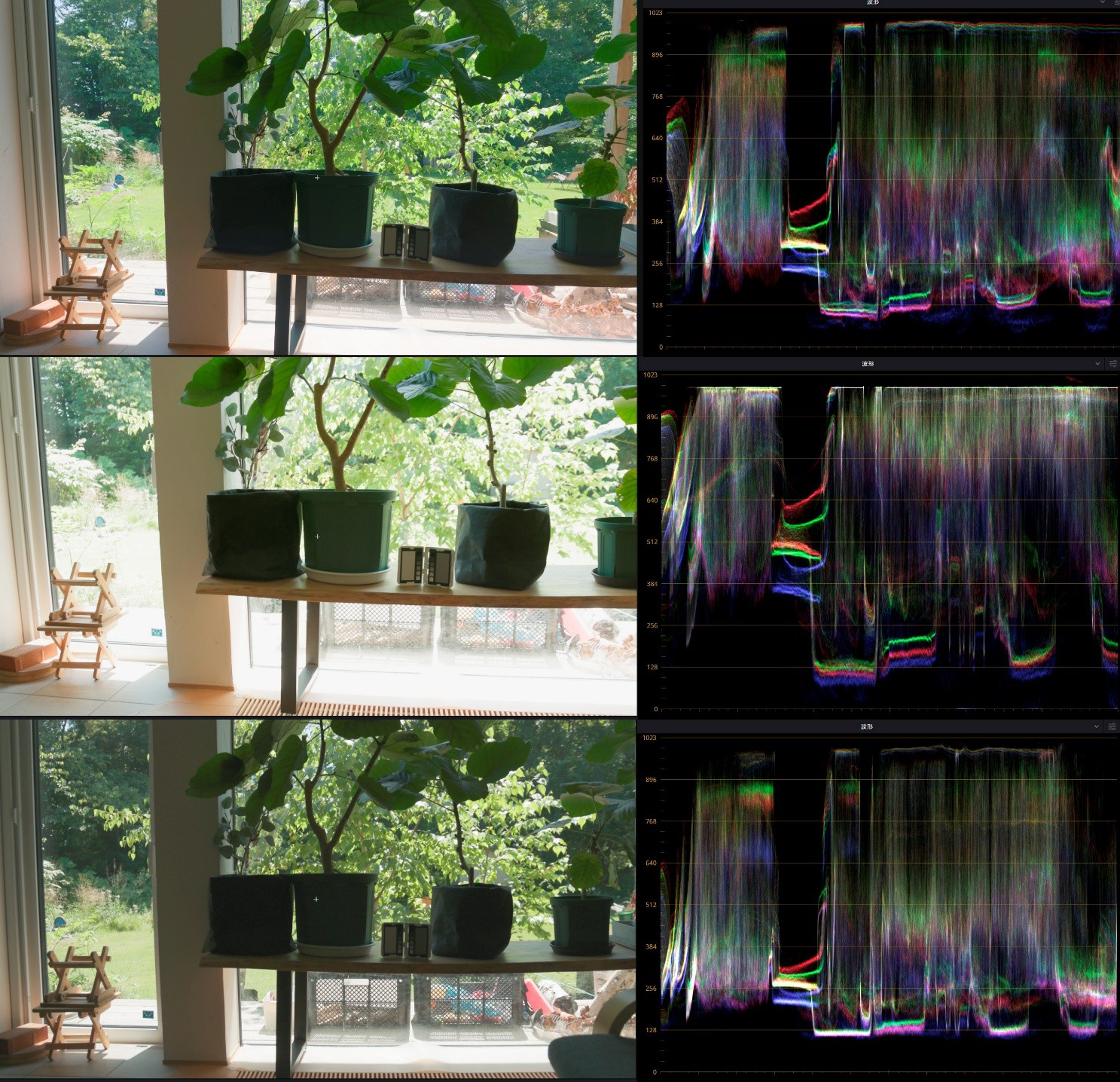 上からOsmo Pocket 4P（ISO 400、1/200、F2.0）、EOS R5 Mark II（ISO 800、1/80、F4、4Pと同露出）、EOS R5 Mark II（ISO 800、1/640、F4、4Pから3段アンダー）。<br>真ん中はハイライト側の波形が平坦で白飛びして締まっている。。<br>1番下の3段アンダーはハイライト側は残ったものの、シャドウの一部が平坦となり黒潰れを起こしている。。<br>詳しくはstudio9 Channelの動画を参照（<a href="https://youtu.be/25v2aCt0HCg">https://youtu.be/25v2aCt0HCg</a>）
