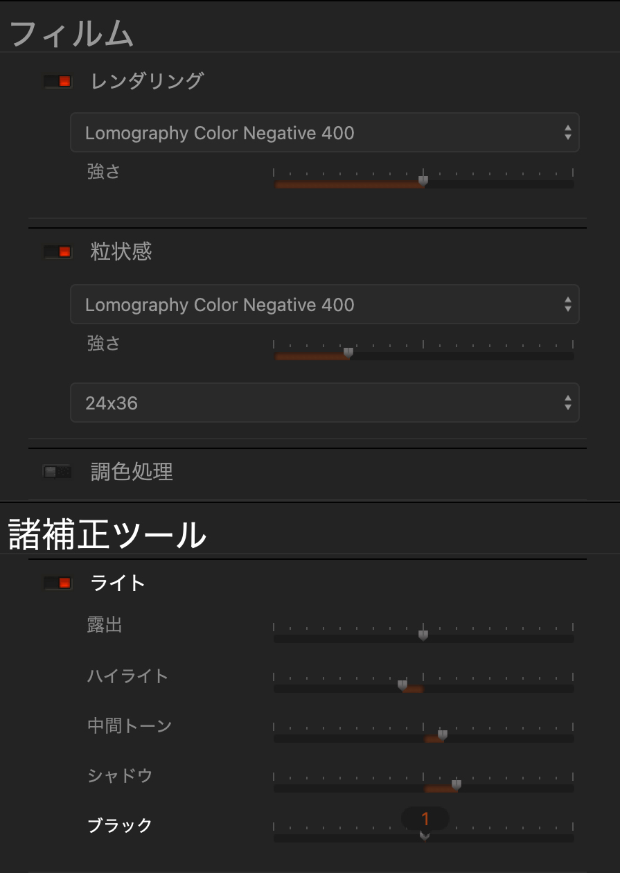 フィルムの粒状感などを細かく設定できる