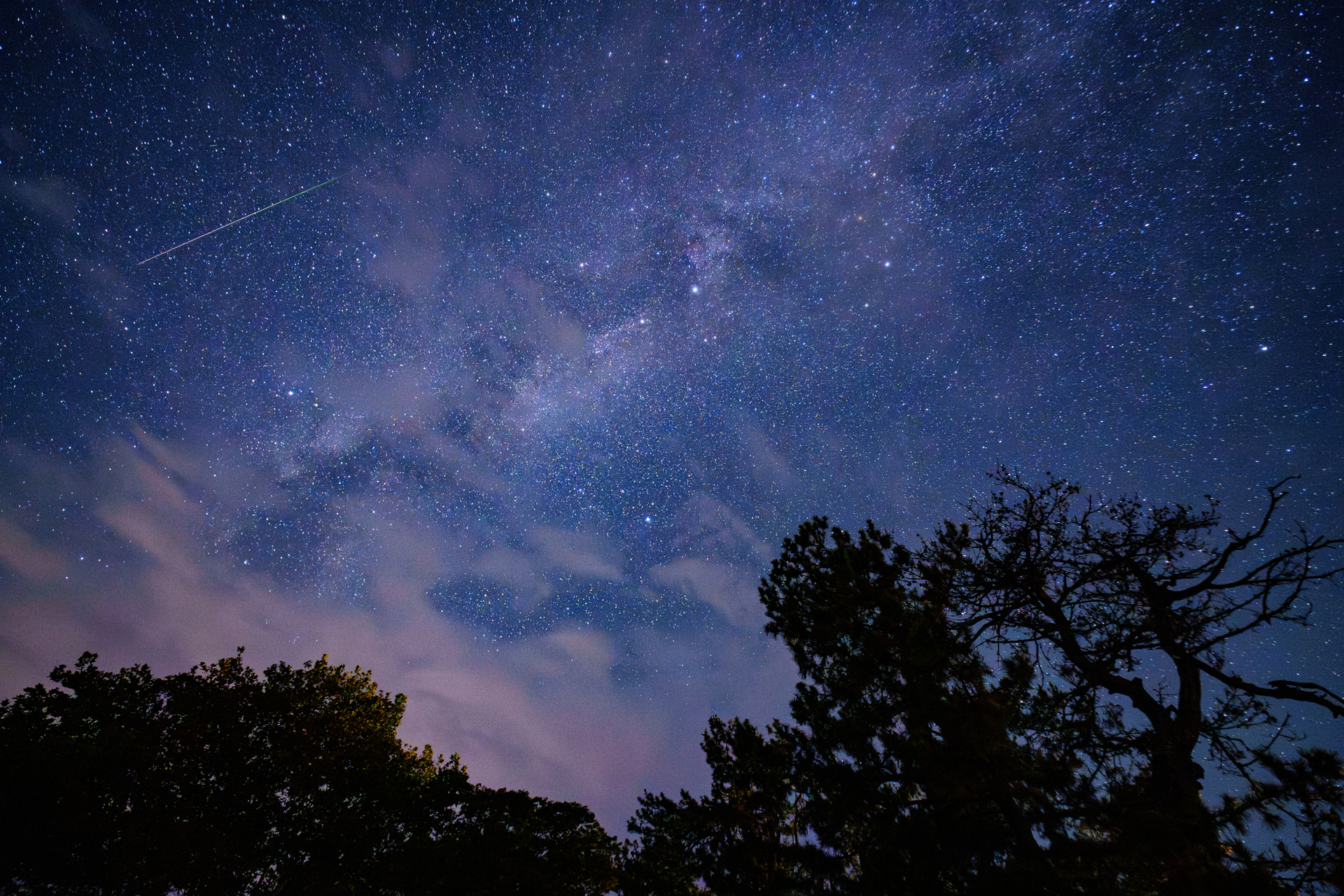 ペルセウス座流星群の極大日、メイン機は放射点方向を狙い、反対側の夏の大三角方向に現れる流星も押さえるため、α6700に9mmを装着して撮影した<br><span class="fnt-85">ソニー α6700／9mm（13.5mm相当）／マニュアル露出（F2.8、20秒）／ISO 6400／WB：冷白色蛍光灯</span>